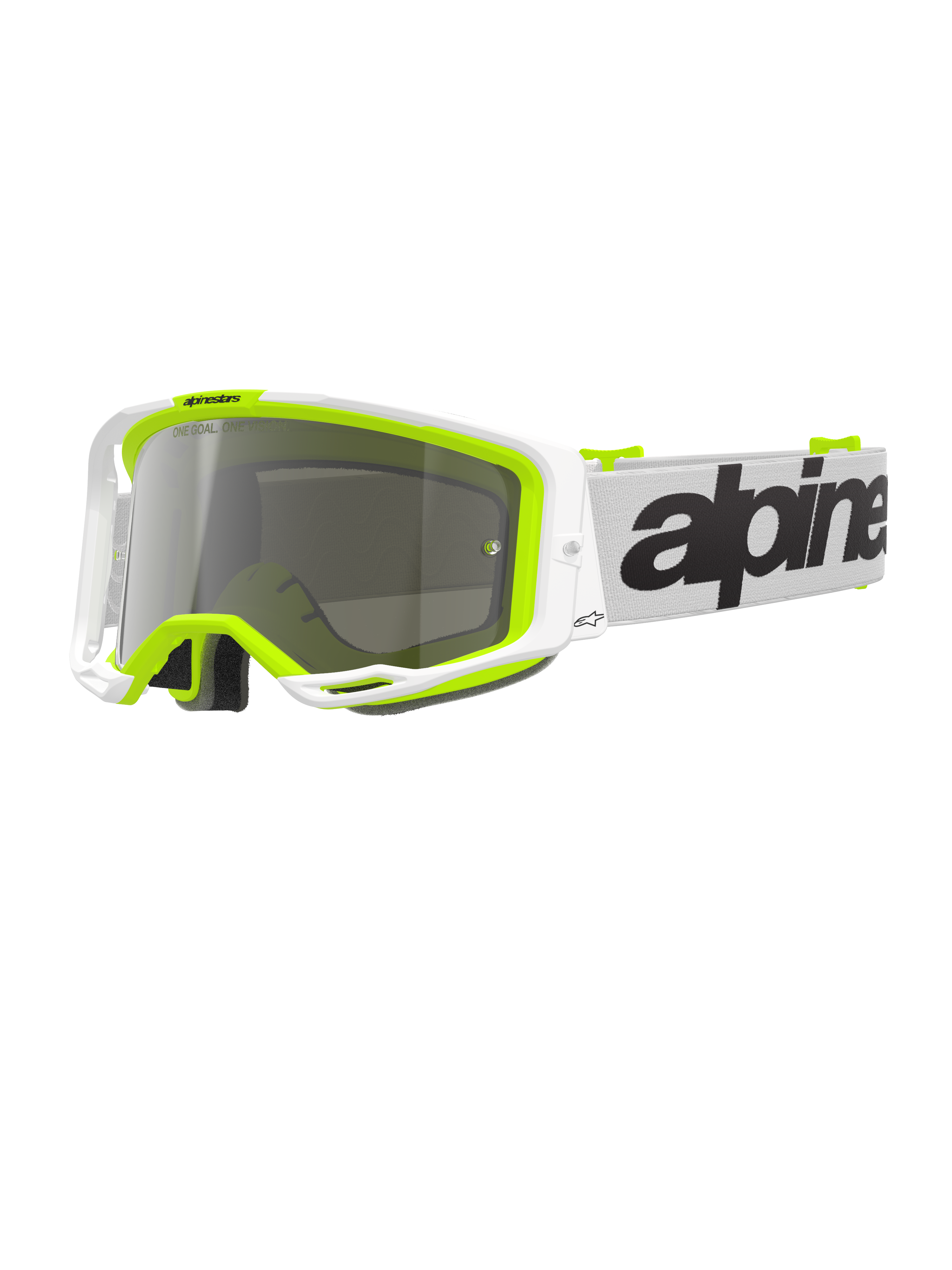 Alpinestars Vision 8 Wordmark Goggles, motocross-briller, hvid og fluorescerende gul ramme med Silver Mirror-linse, hvid rem med markant sort branding og A-FLEX-ramme for ydeevne til off-road racing.
