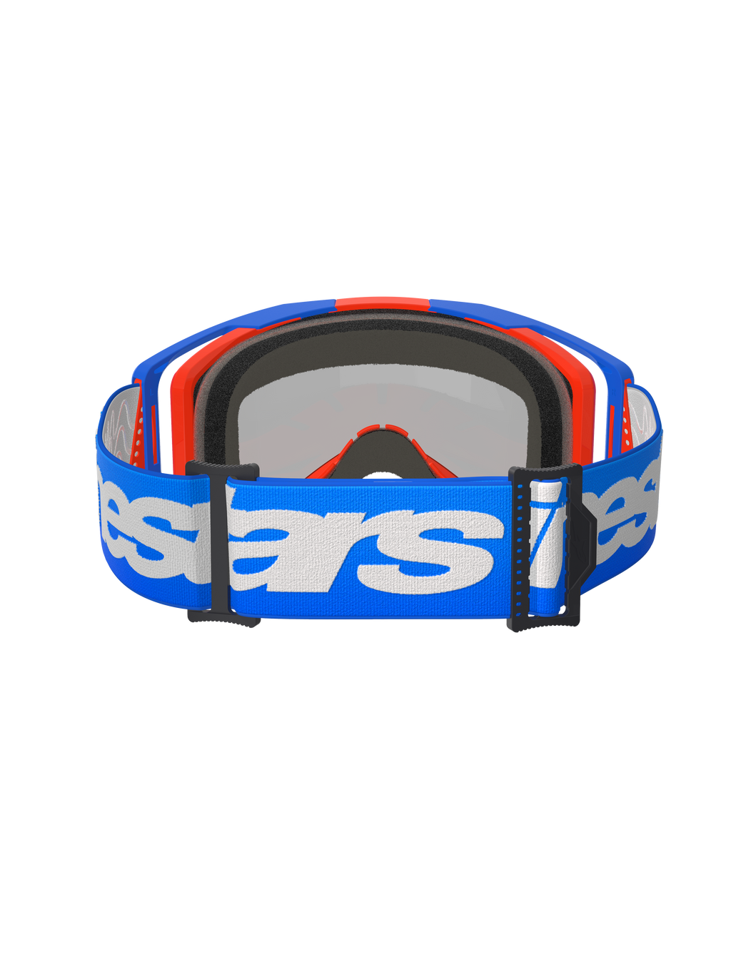 Alpinestars Vision 8 Wordmark goggles, motocross-briller, Blue Orange Mirror Red, set bagfra med en blå vævet strop med hvidt Alpinestars-logo, indvendigt 3D-formet ansigtsskum og sorte justeringsspænder