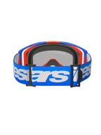 Alpinestars Vision 8 Wordmark goggles, motocross-briller, Blue Orange Mirror Red, set bagfra med en blå vævet strop med hvidt Alpinestars-logo, indvendigt 3D-formet ansigtsskum og sorte justeringsspænder