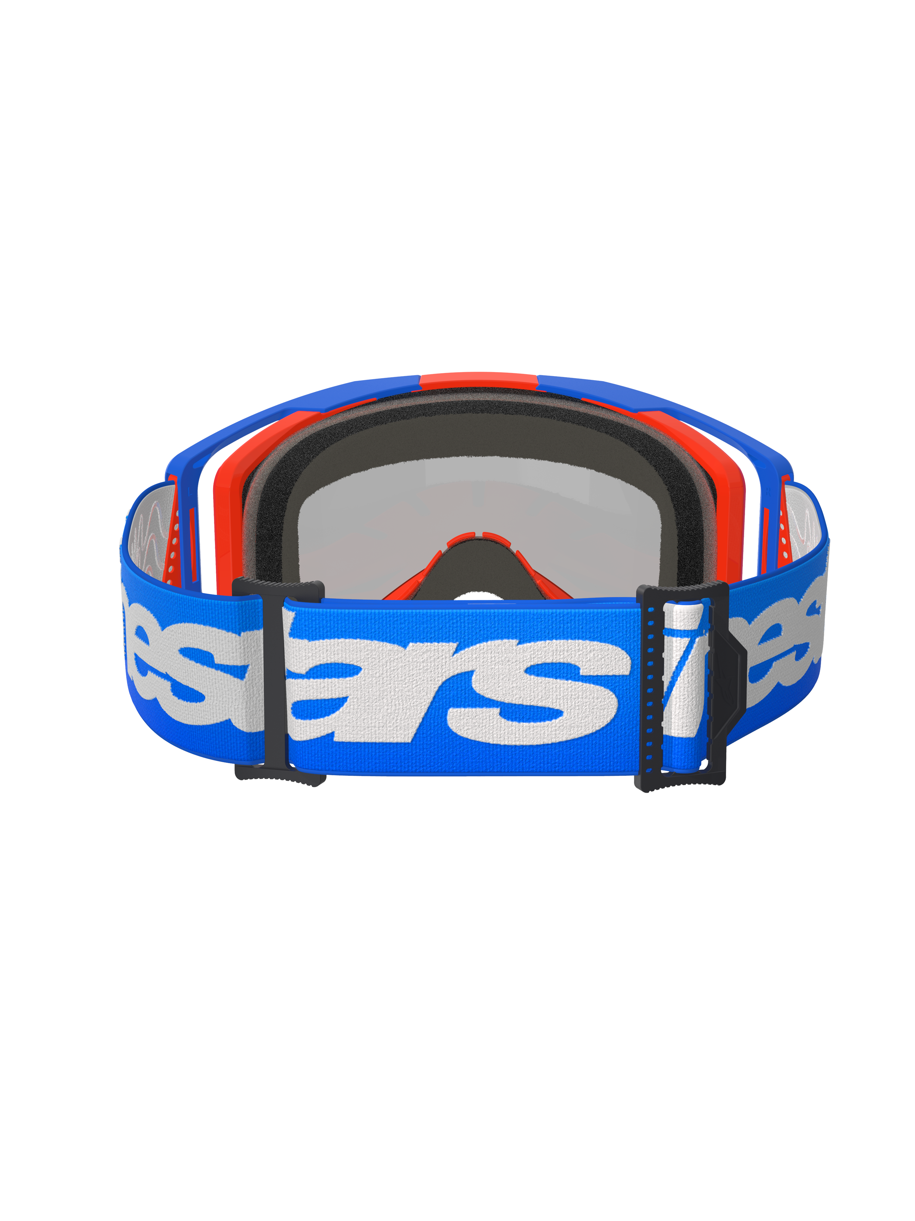 Alpinestars Vision 8 Wordmark goggles, motocross-briller, Blue Orange Mirror Red, set bagfra med en blå vævet strop med hvidt Alpinestars-logo, indvendigt 3D-formet ansigtsskum og sorte justeringsspænder