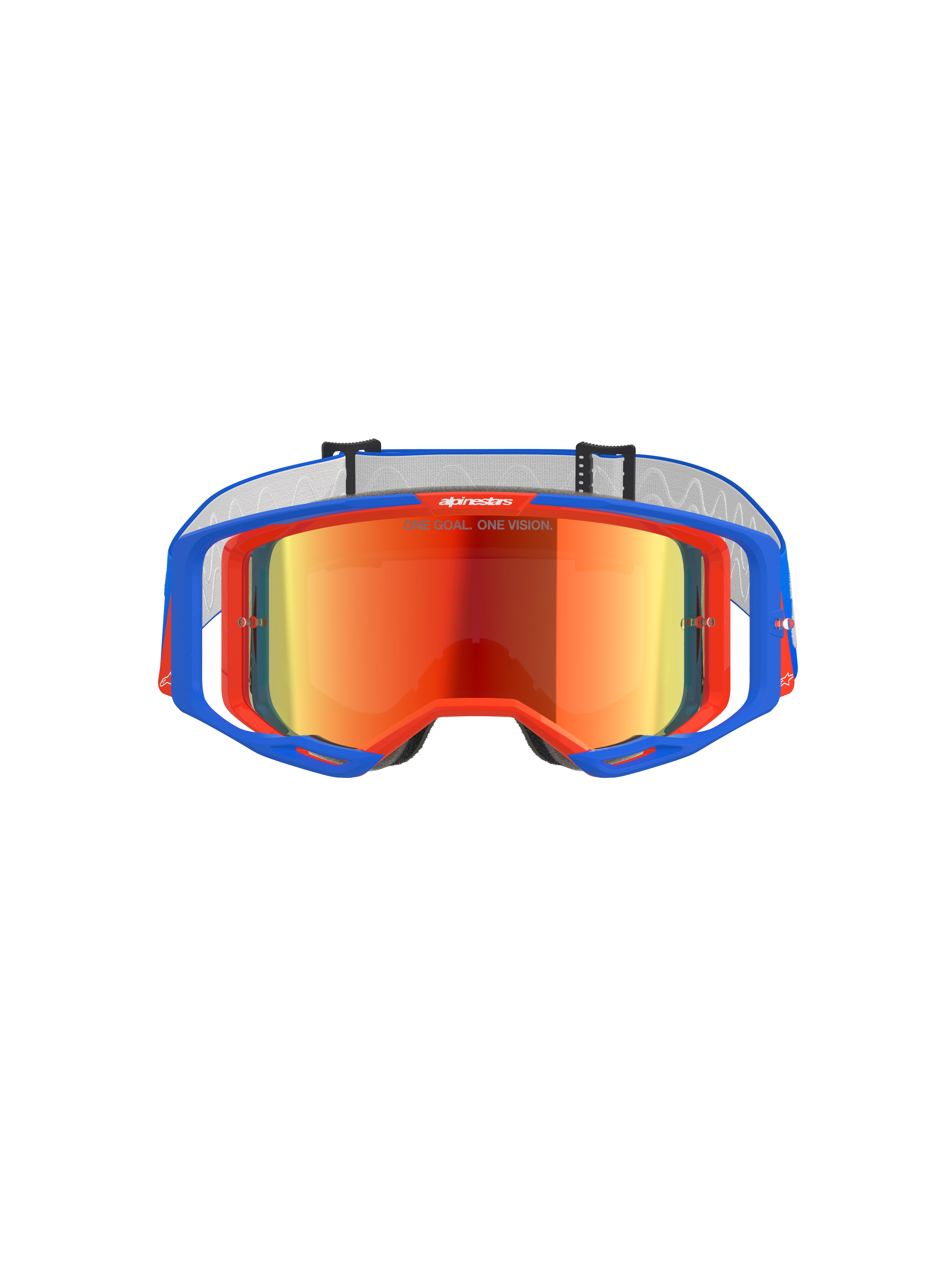 Alpinestars Vision 8 Wordmark goggles, motocross-briller, blå og orange med rød spejllinse, med et bredt synsfelt og højtydende A-FLEX-ramme til terrænkørsel