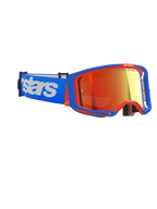 Alpinestars Vision 8 Wordmark goggles, motocross-briller, blå og orange ramme med rød spejllinse, blå rem med stort hvidt Alpinestars-logo, performance-beskyttelsesbriller til terrænkørsel