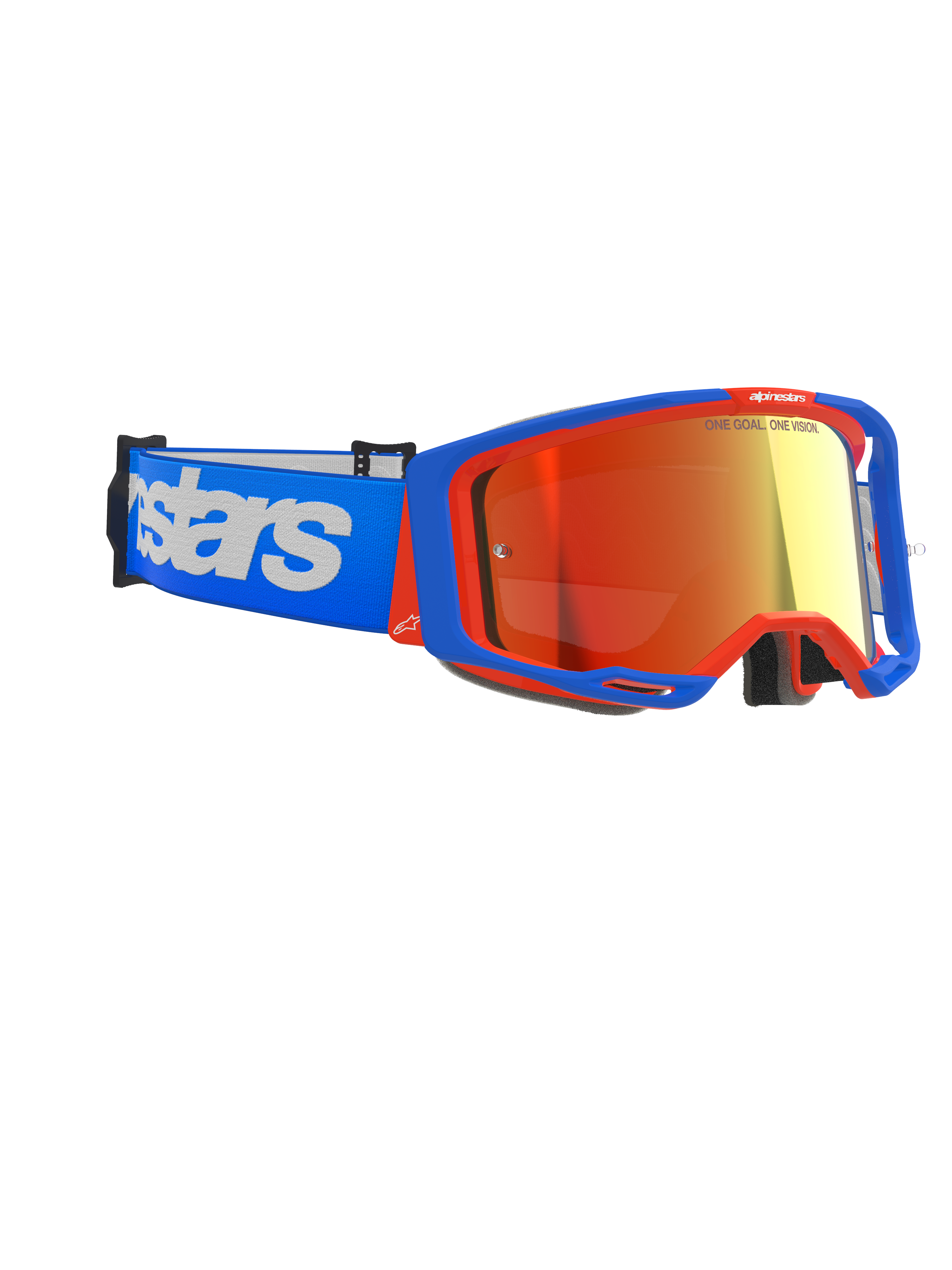 Alpinestars Vision 8 Wordmark goggles, motocross-briller, blå og orange ramme med rød spejllinse, blå rem med stort hvidt Alpinestars-logo, performance-beskyttelsesbriller til terrænkørsel