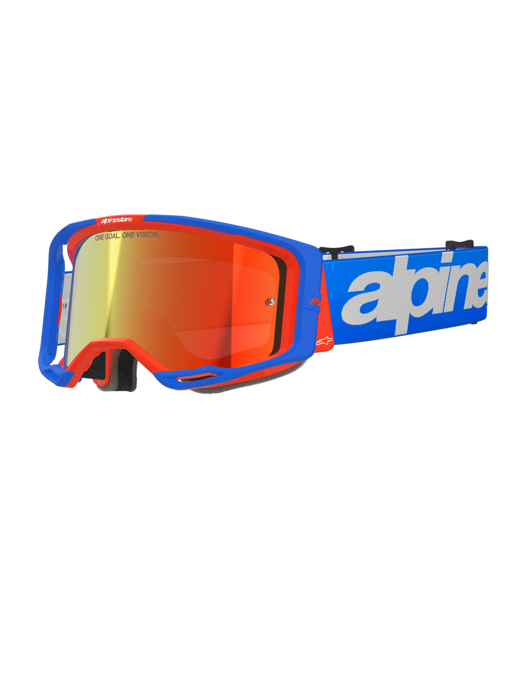 Alpinestars Vision 8 Wordmark motocrossbriller, blå og orange med rød spejl-linse, bredt synsfelt, blå justerbar rem med markant hvidt logo, skumpolstring og ventilation til off-road kørsel