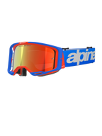 Alpinestars Vision 8 Wordmark motocrossbriller, blå og orange med rød spejl-linse, bredt synsfelt, blå justerbar rem med markant hvidt logo, skumpolstring og ventilation til off-road kørsel