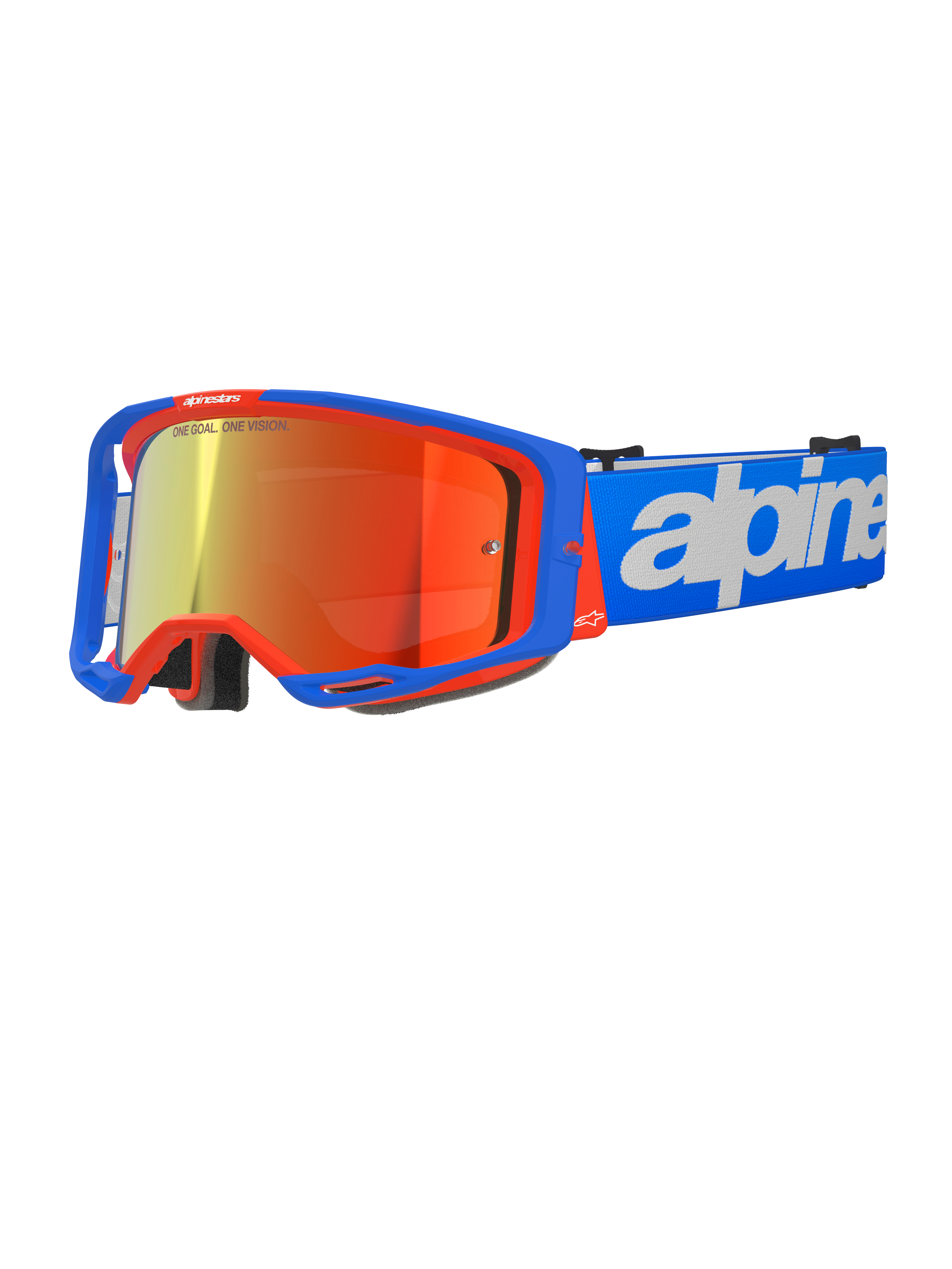 Alpinestars Vision 8 Wordmark motocrossbriller, blå og orange med rød spejl-linse, bredt synsfelt, blå justerbar rem med markant hvidt logo, skumpolstring og ventilation til off-road kørsel