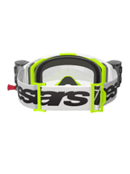 Alpinestars Vision 8 Wordmark Goggles Roll Off, motocross-briller, hvid og fluorescerende gul, set bagfra viser hvid rem med sort ordmærke, neongule spænder, sort 3D-formet ansigtsskum og integrerede roll-off-systembeholdere