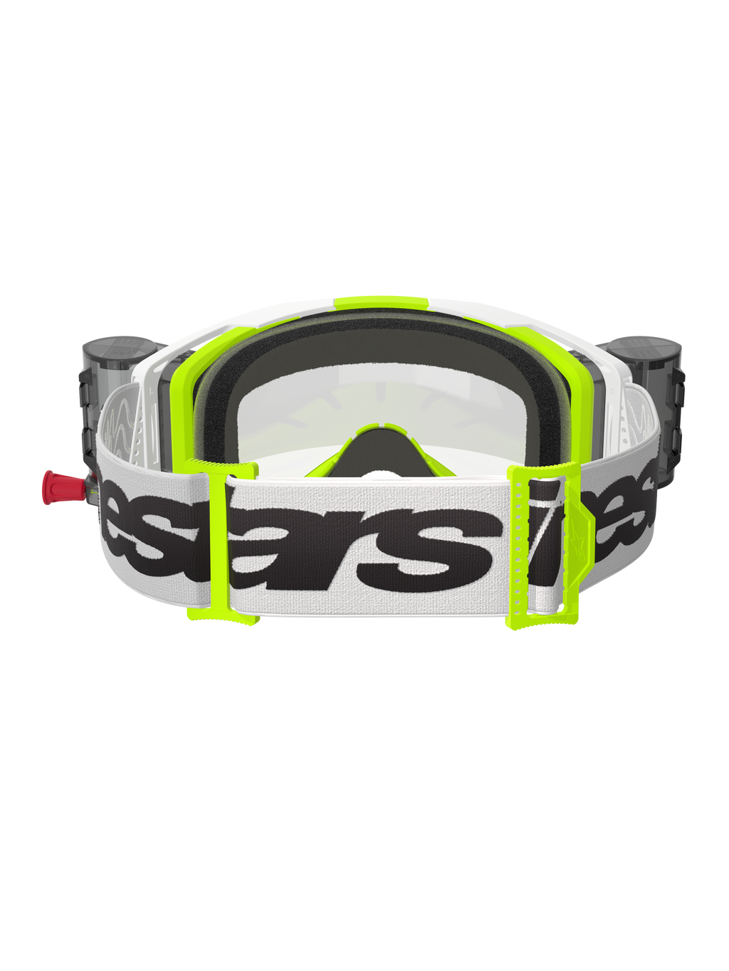 Alpinestars Vision 8 Wordmark Goggles, set bagfra, hvid og gul fluo, med integreret Roll-Off-system med beholdere, bred hvid vævet rem med sort Alpinestars-logo, 3D-formet ansigtsskum og klar linse