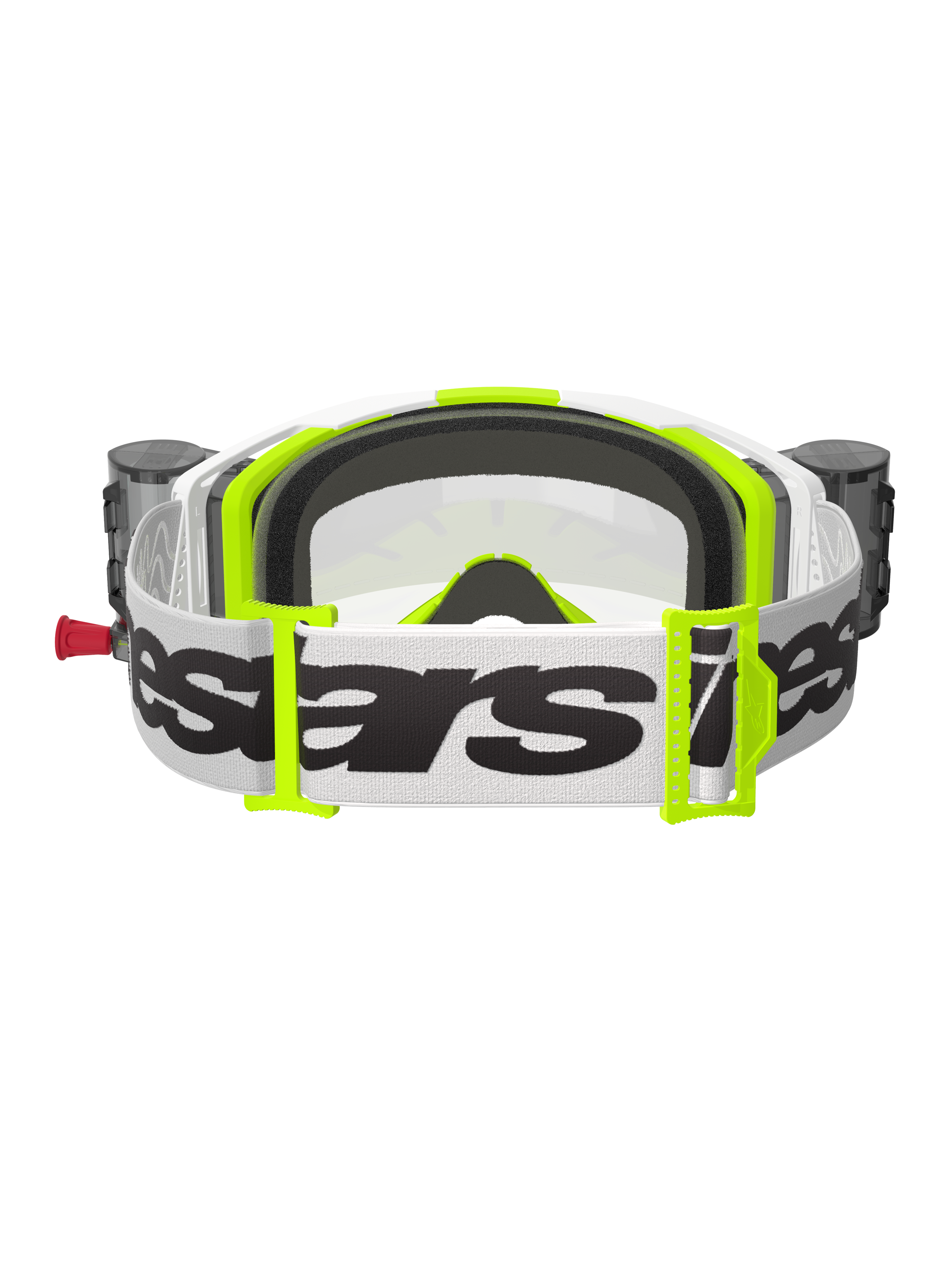 Alpinestars Vision 8 Wordmark Goggles, set bagfra, hvid og gul fluo, med integreret Roll-Off-system med beholdere, bred hvid vævet rem med sort Alpinestars-logo, 3D-formet ansigtsskum og klar linse