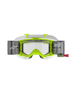 Alpinestars Vision 8 Wordmark Goggles Roll Off, hvid og fluorescerende gul ramme, klar linse med integrerede roll-off-beholdere, hvid vævet strop, med 'ONE GOAL. ONE VISION.' branding, professionel øjenbeskyttelse til motocross