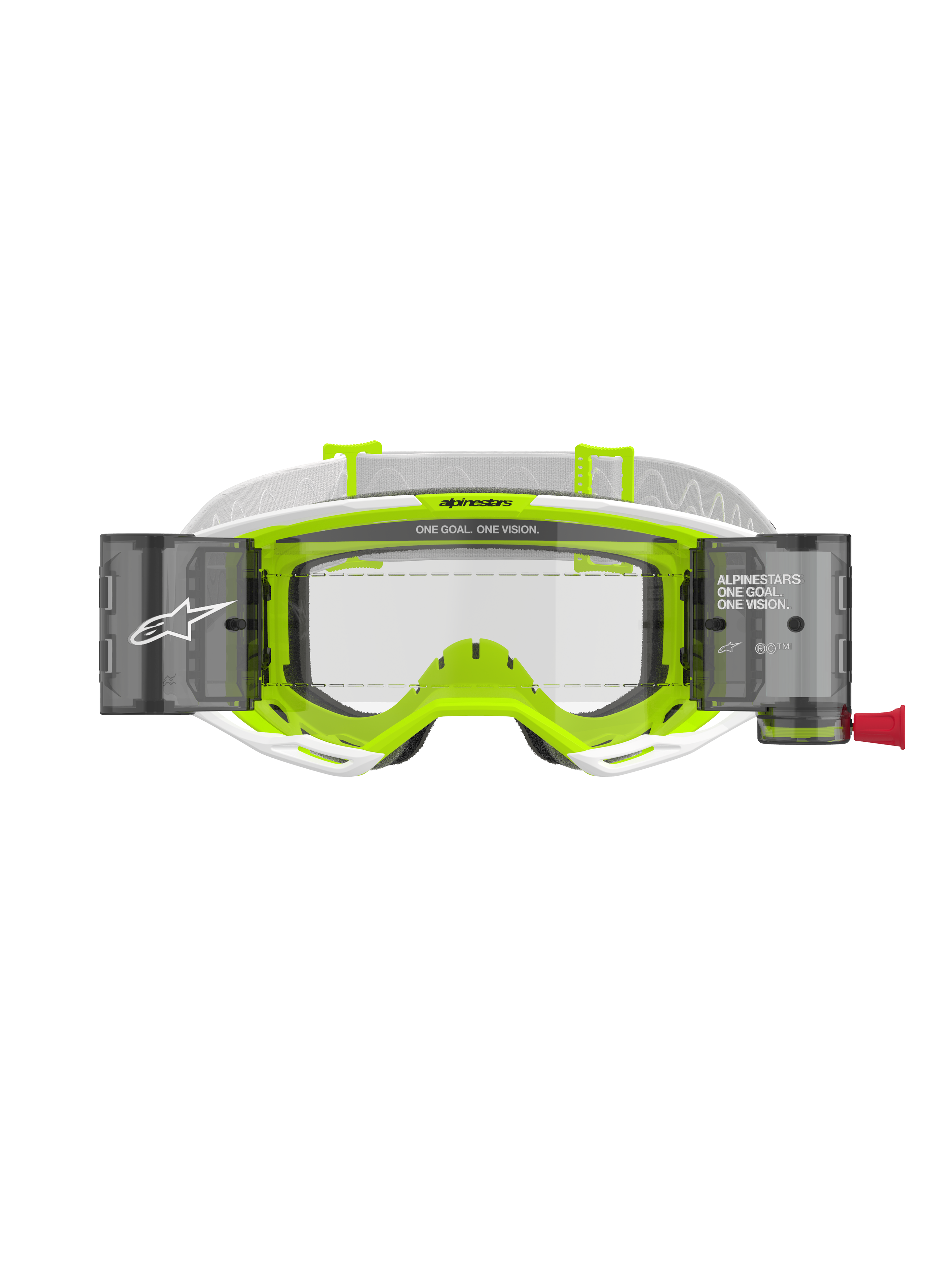 Alpinestars Vision 8 Wordmark Goggles Roll Off, hvid og fluorescerende gul ramme, klar linse med integrerede roll-off-beholdere, hvid vævet strop, med 'ONE GOAL. ONE VISION.' branding, professionel øjenbeskyttelse til motocross