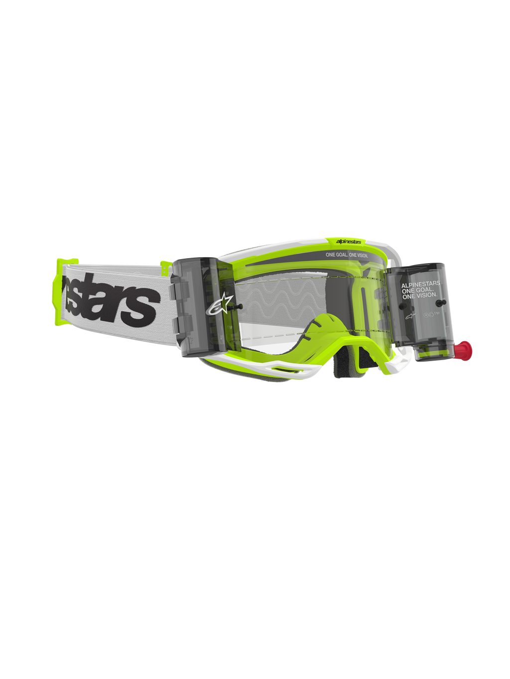Alpinestars Vision 8 Wordmark Goggles Roll Off, motocross-briller, hvid og fluorescerende gul ramme, klar linse med integrerede roll-off-beholdere, hvid vævet rem med markant sort branding, højtydende off-road briller