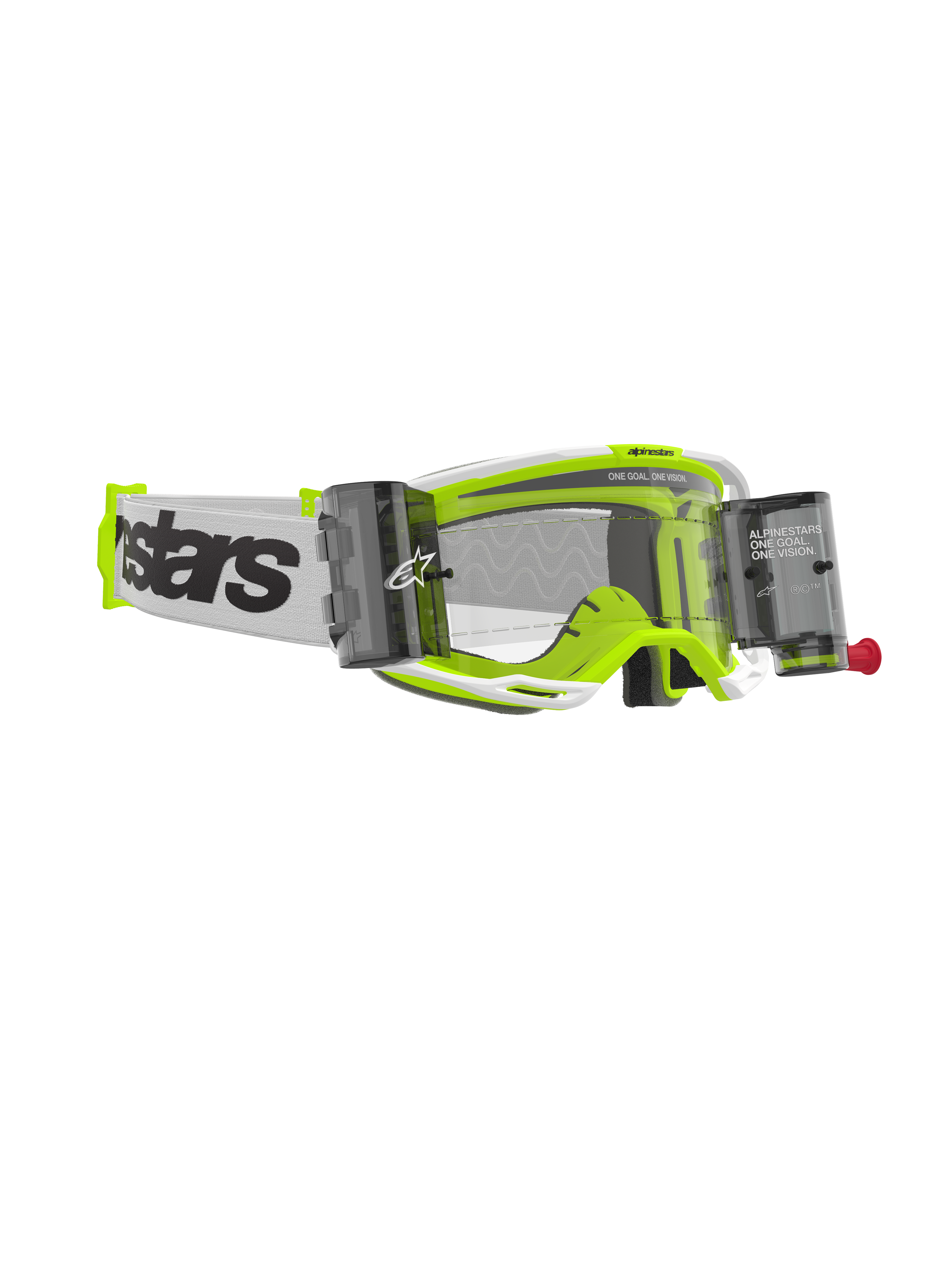 Alpinestars Vision 8 Wordmark Goggles Roll Off, motocross-briller, hvid og fluorescerende gul ramme, klar linse med integrerede roll-off-beholdere, hvid vævet rem med markant sort branding, højtydende off-road briller