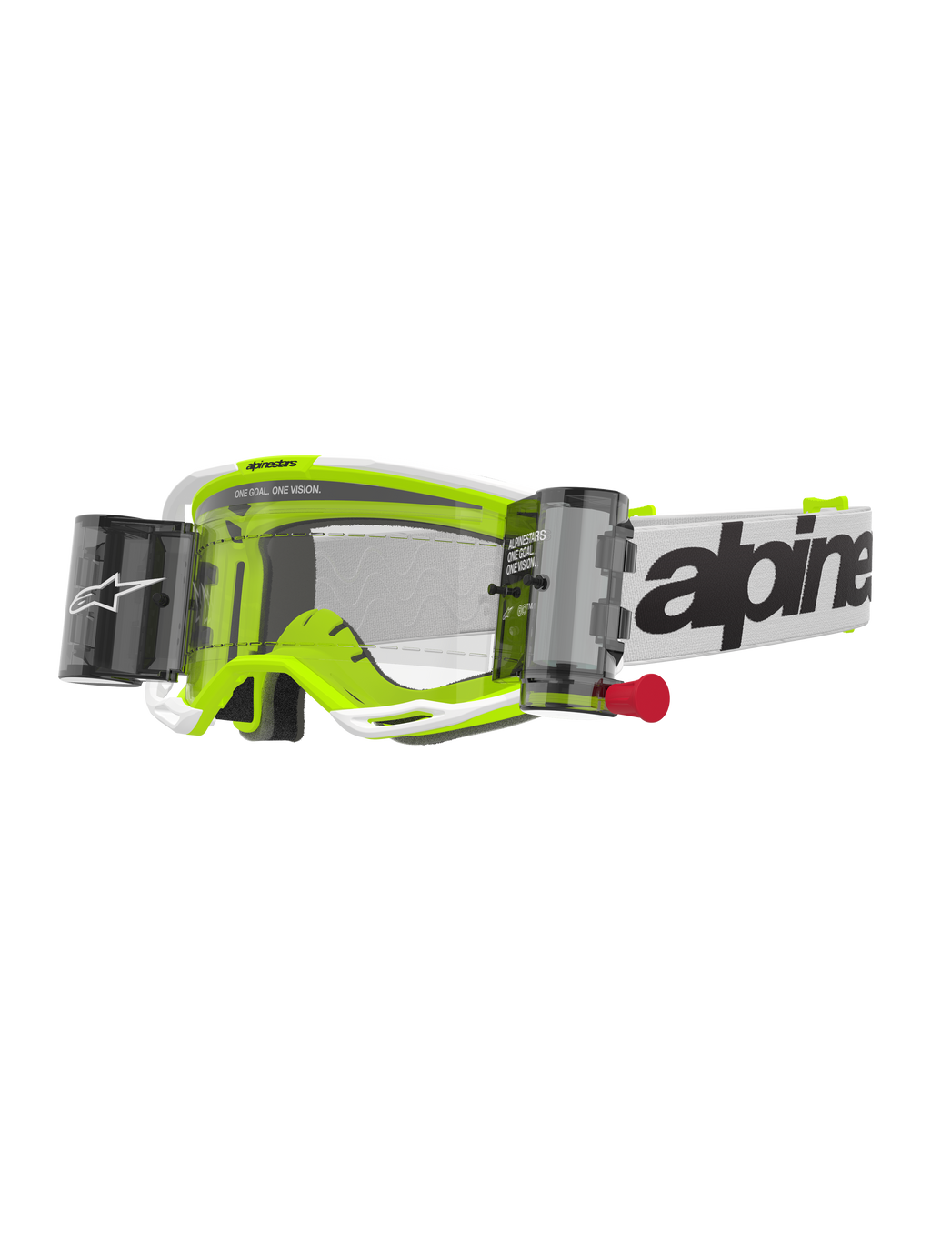 Alpinestars Vision 8 Wordmark Goggles Roll Off, motocross-beskyttelsesbriller, hvid og neongul, klar linse med roll-off-system, hvid rem med sort Alpinestars-wordmark, rød træktap, professionel øjenbeskyttelse til terrænkørsel