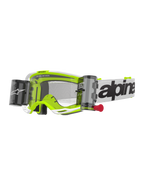 Alpinestars Vision 8 Wordmark Goggles Roll Off, motocross-beskyttelsesbriller, hvid og neongul, klar linse med roll-off-system, hvid rem med sort Alpinestars-wordmark, rød træktap, professionel øjenbeskyttelse til terrænkørsel