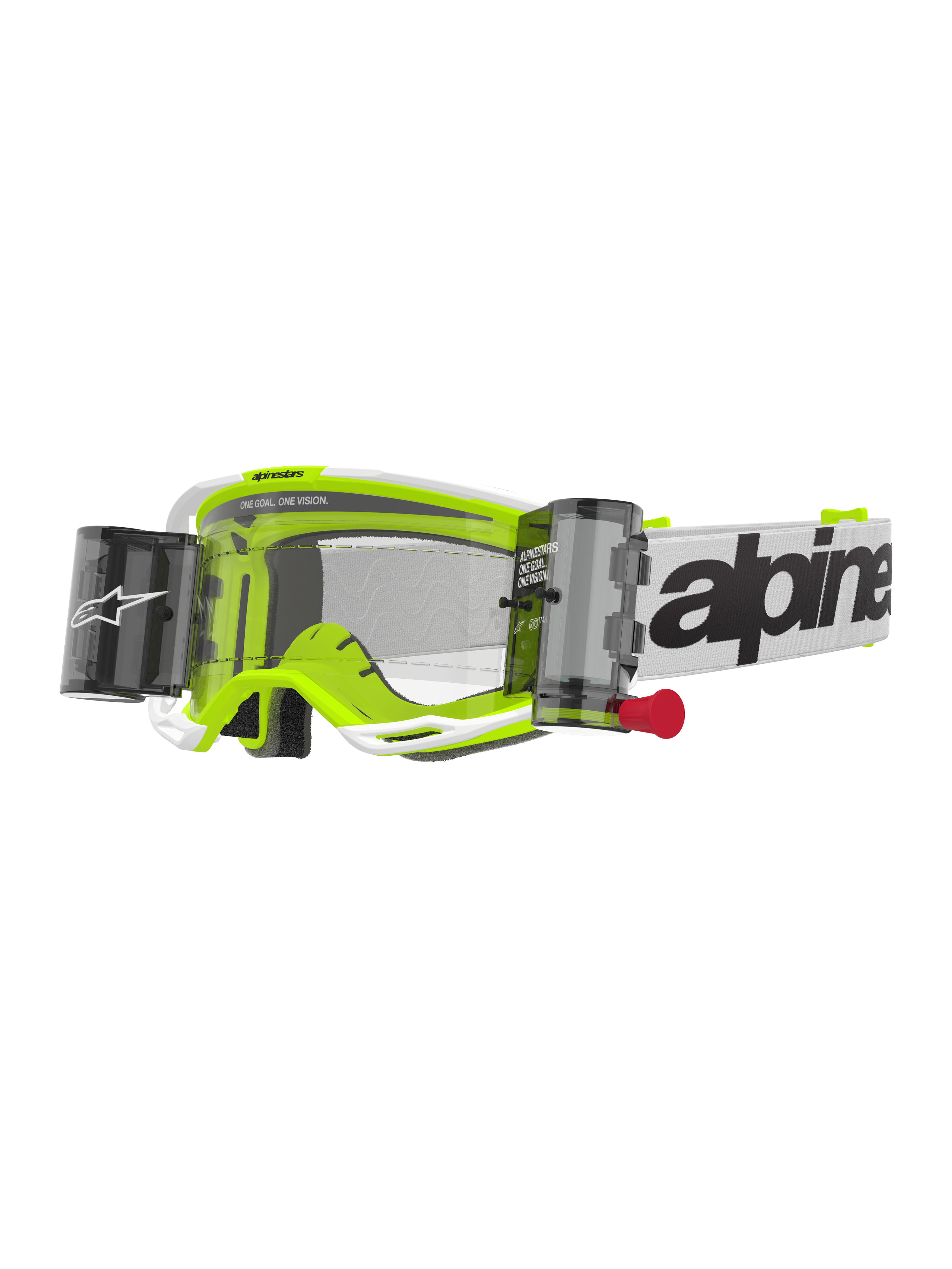 Alpinestars Vision 8 Wordmark Goggles Roll Off, Motocross Goggles, White and Fluorescent Yellow, Clear Lens with Roll-Off System, white strap with black Alpinestars wordmark, red pull tab, professional off-road racing eye protection