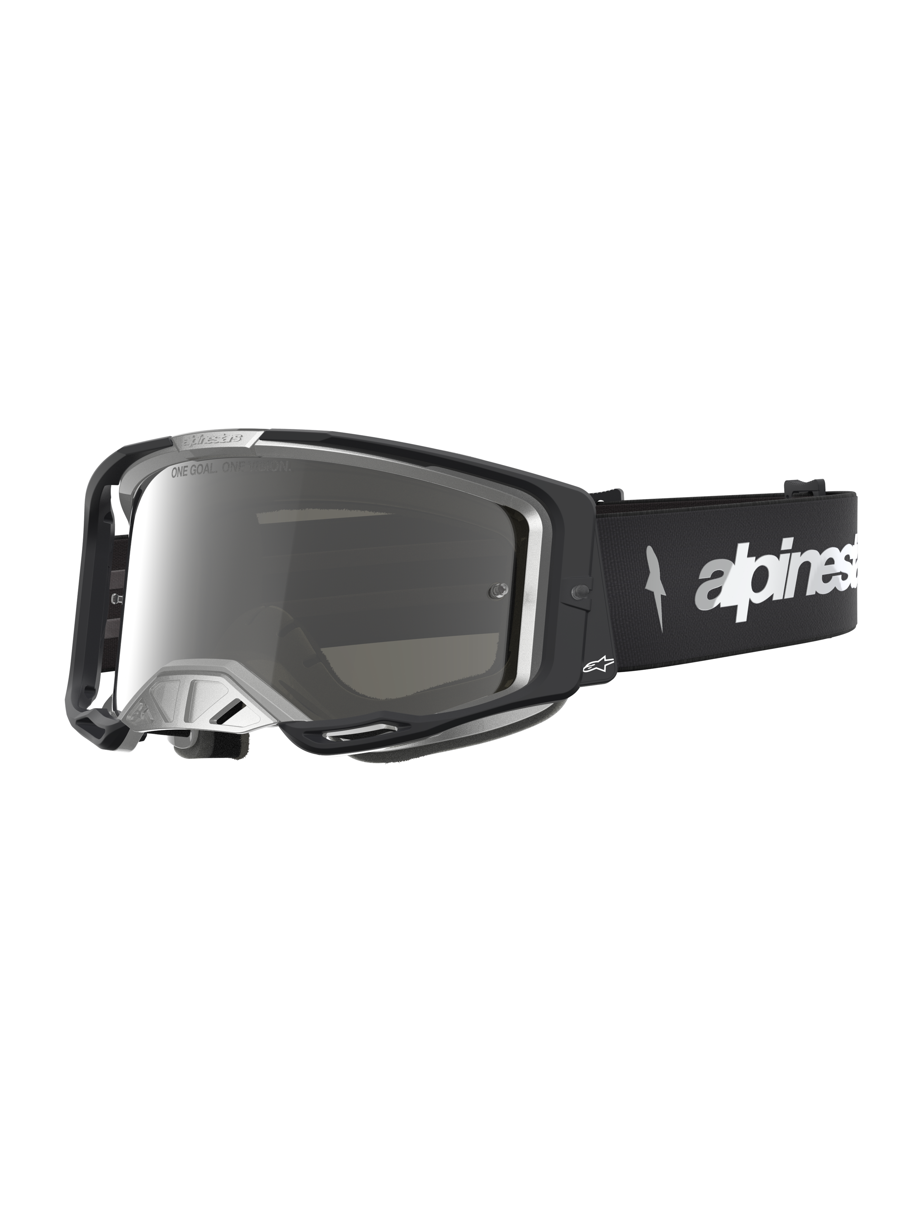 Alpinestars Vision 8 Amber Spejl Goggles, motocrossbriller, sort og sølv, fleksibel A-FLEX ramme og spejllinse.