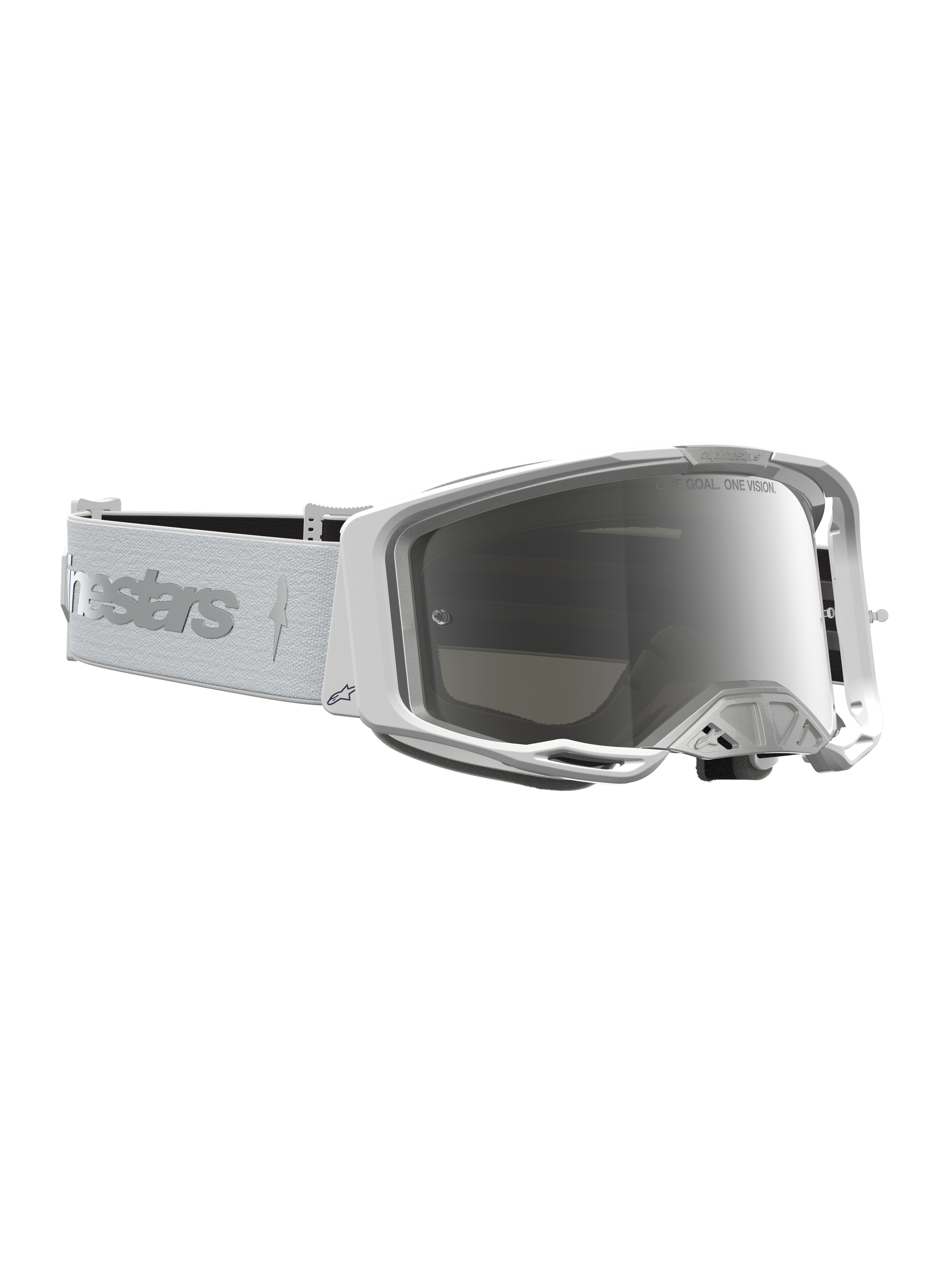 Alpinestars Vision 8 Amber Goggles, hvide og sølv motocross goggles med spejllinse, A-FLEX ramme og bredt synsfelt.