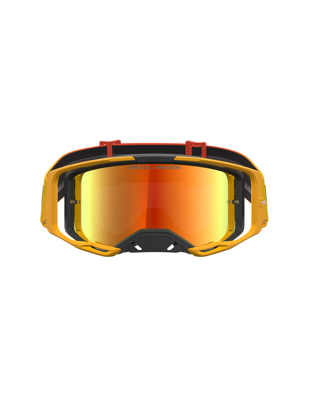 Alpinestars Vision 8 Amber Mirror goggles, motocross-goggles med gul ramme, rød spejllinse og RAM-AIR ventilation.