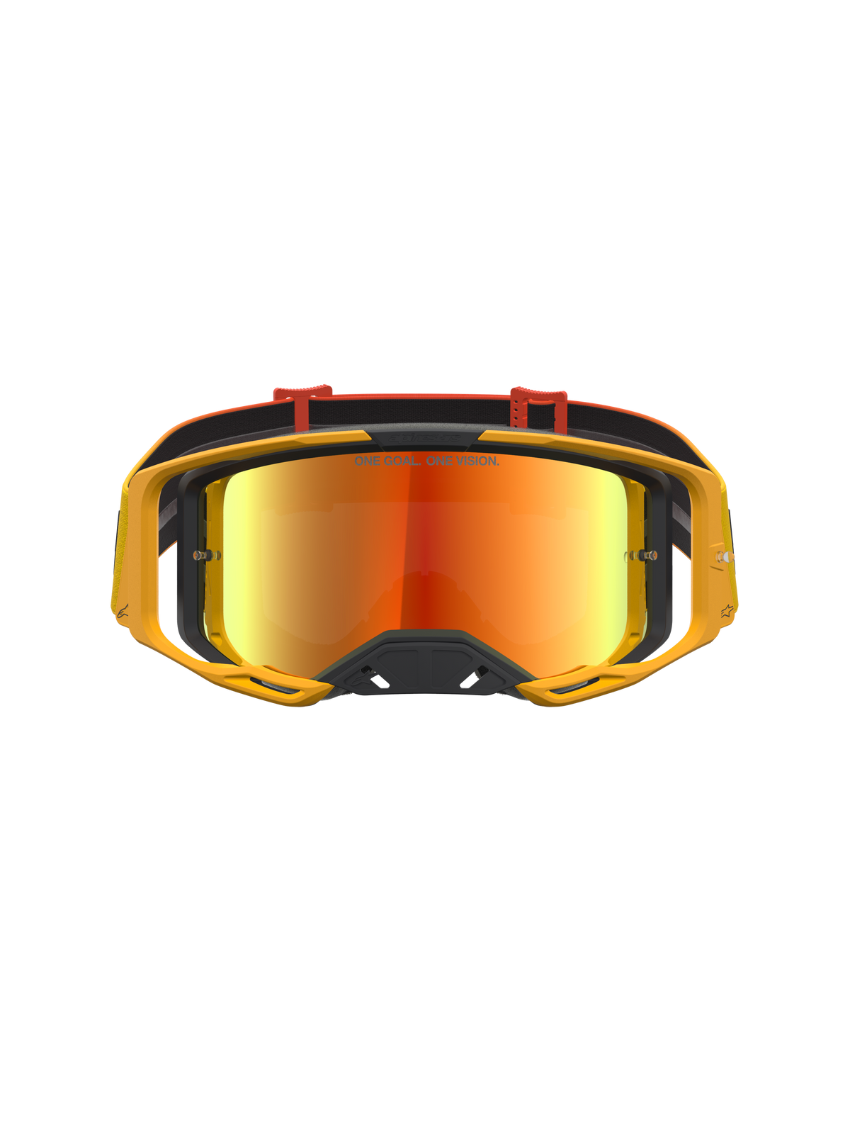 Alpinestars Vision 8 Amber Mirror goggles, motocross-goggles med gul ramme, rød spejllinse og RAM-AIR ventilation.