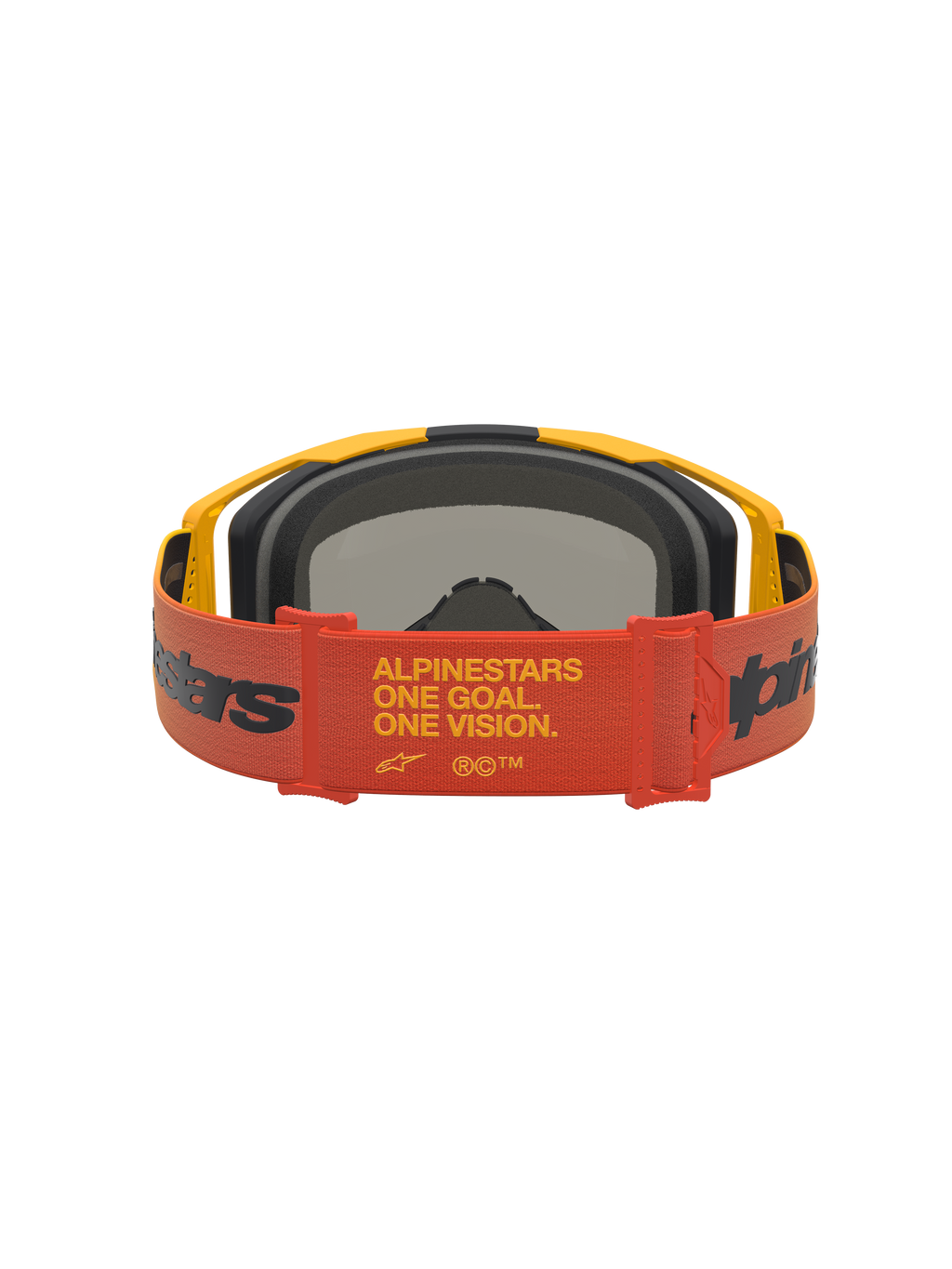 Alpinestars Vision 8 Amber Mirror goggles, motocross goggles, rød og sort, set bagfra med One Goal One Vision-tekst på stroppen