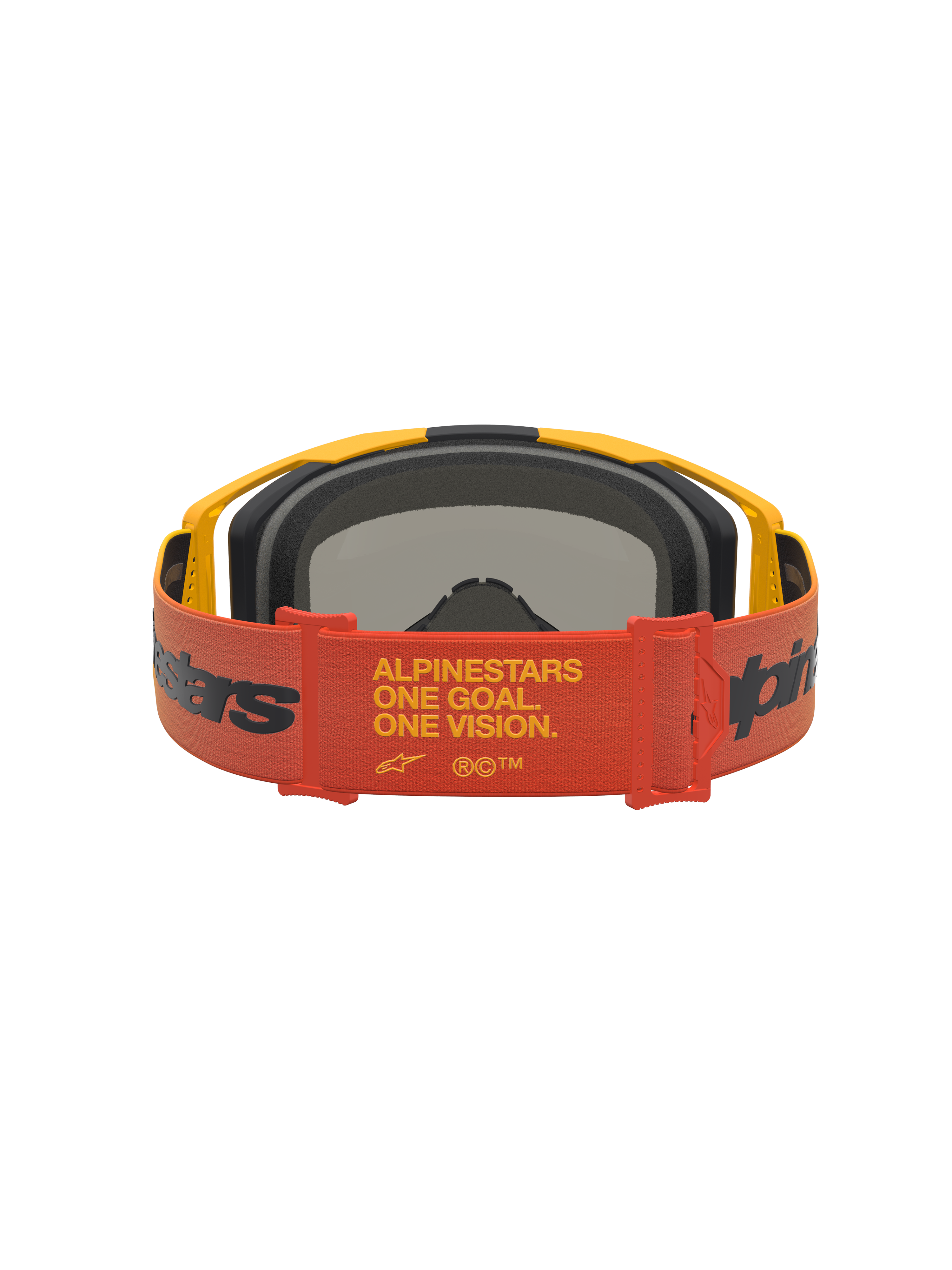 Alpinestars Vision 8 Amber Mirror goggles, motocross goggles, rød og sort, set bagfra med One Goal One Vision-tekst på stroppen