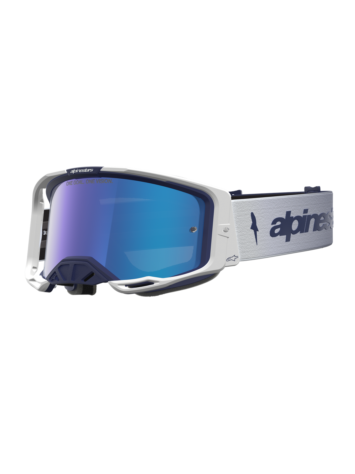 Alpinestars Vision 8 Amber Mirror motocrossgoggles i hvid og navyblå med blå spejllinse og RAM-AIR ventilation