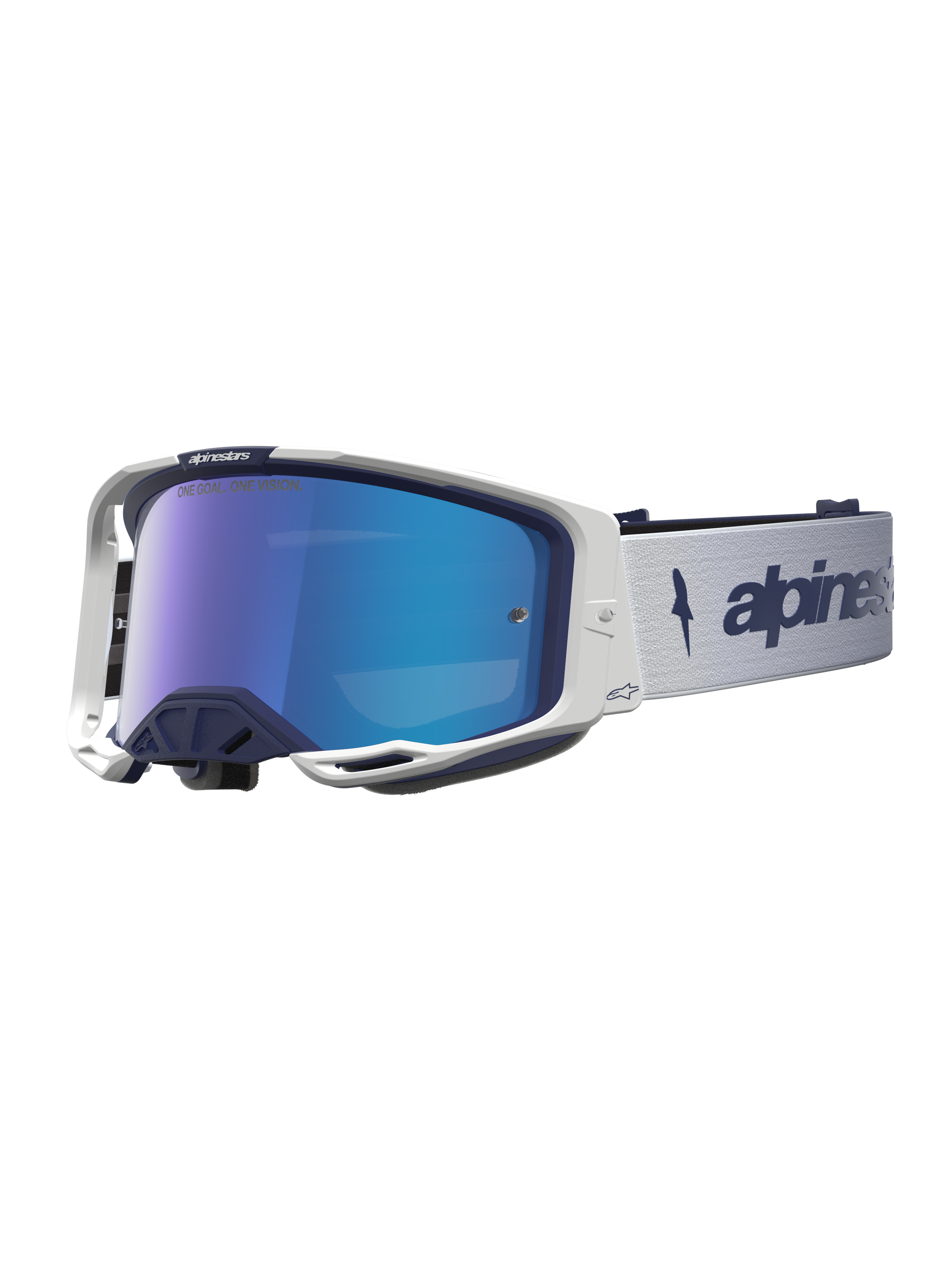 Alpinestars Vision 8 Amber Mirror motocrossgoggles i hvid og navyblå med blå spejllinse og RAM-AIR ventilation