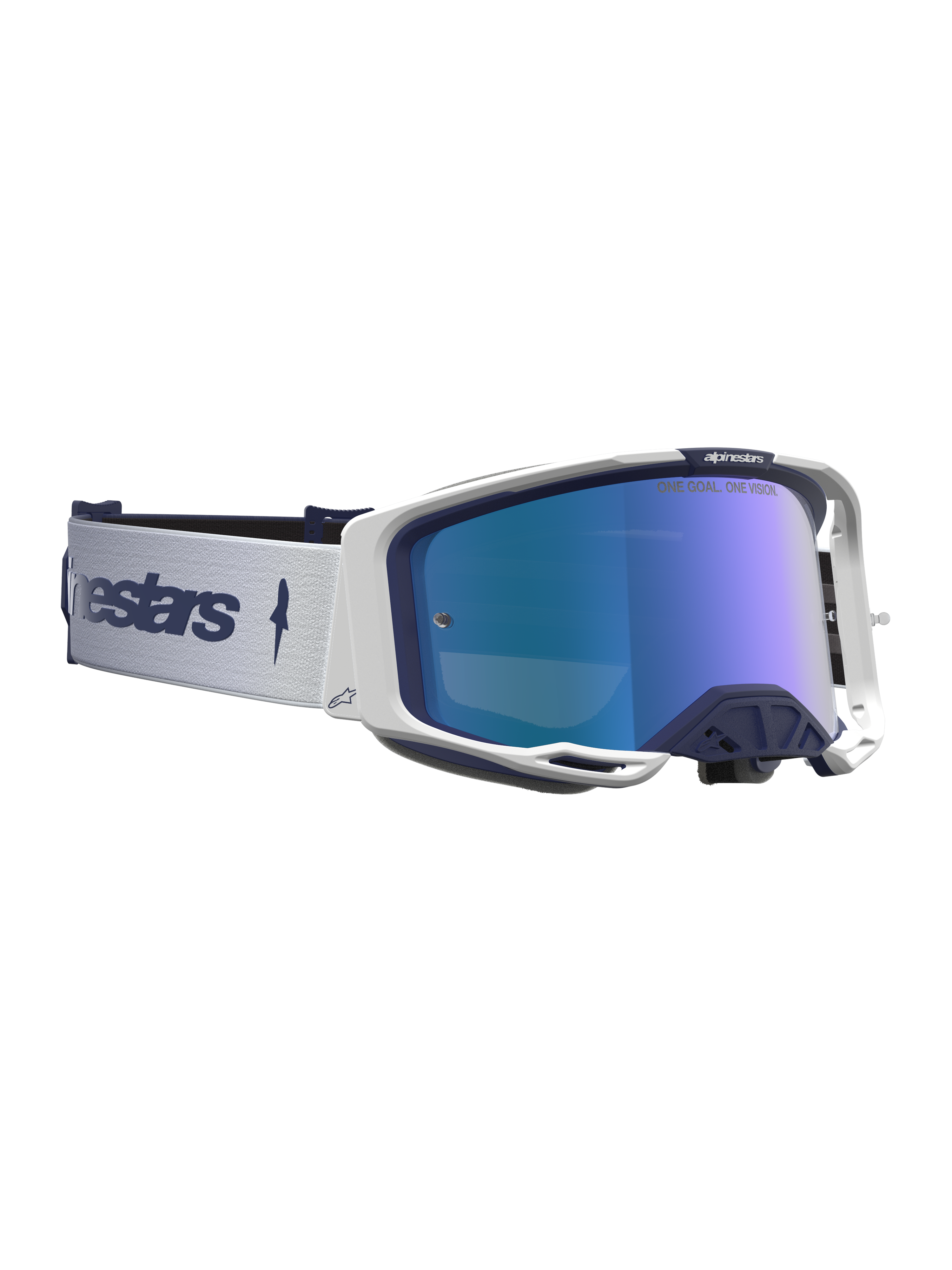Alpinestars Vision 8 Amber Mirror Goggles, motocrossgoggles i blå og hvid med blå spejllinse og RAM-AIR ventilation