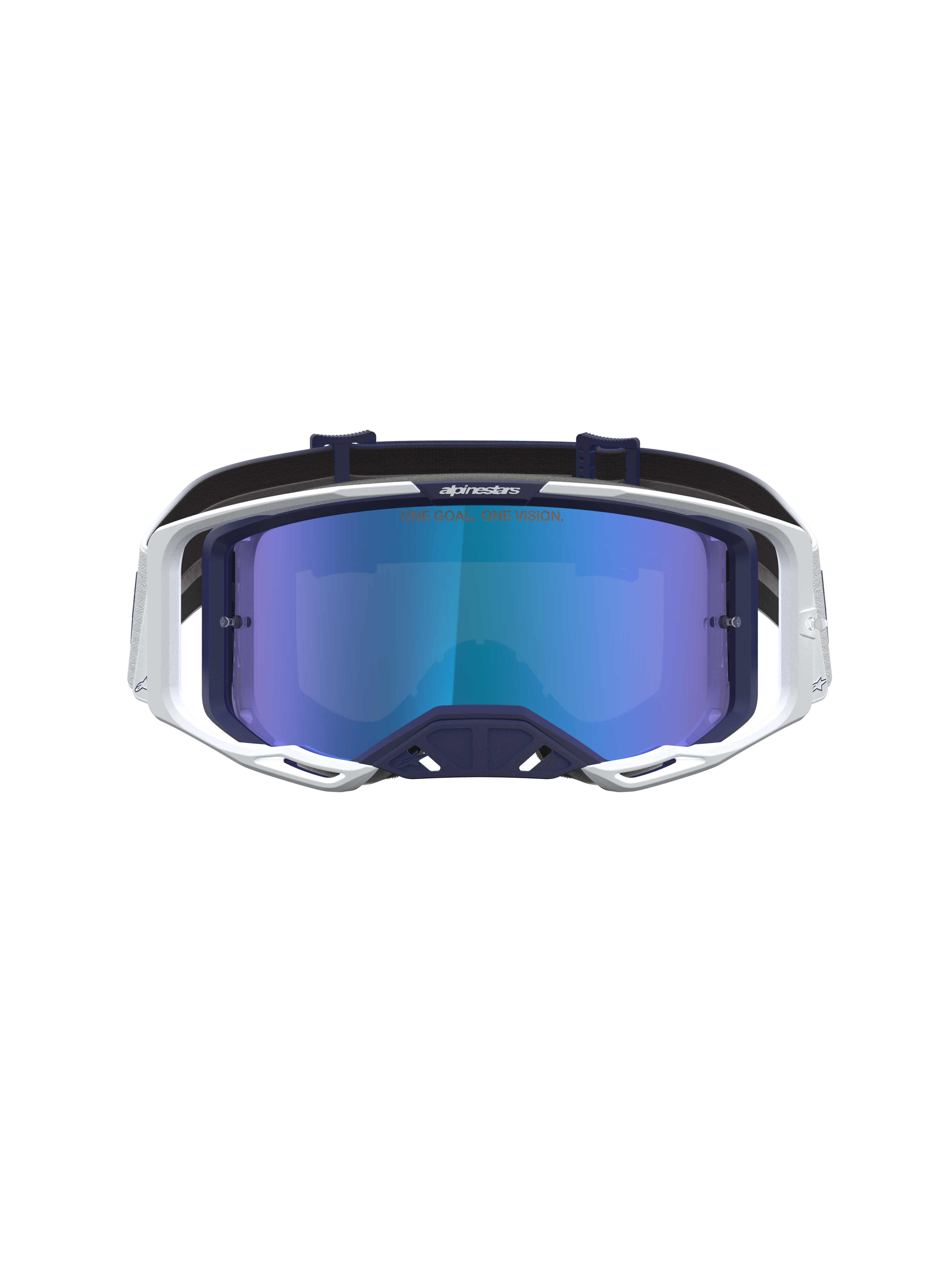 Alpinestars Vision 8 Amber Mirror goggles, motocross-goggles i mørkeblå og hvid med blå spejllinse og RAM-AIR ventilation.