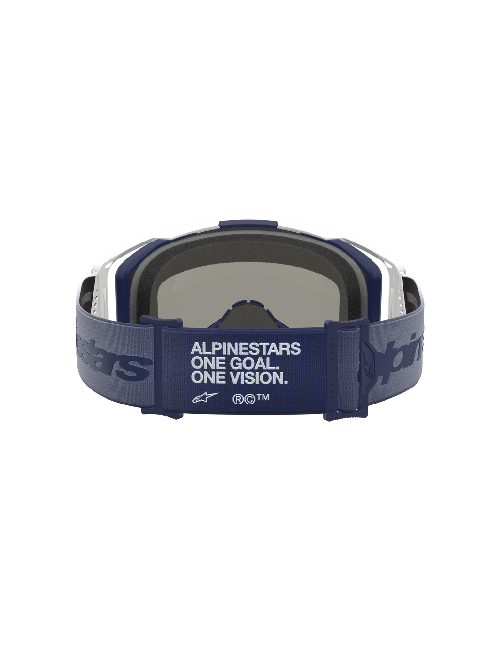 Alpinestars Vision 8 Amber Mirror Goggles til motocross, mørkeblå rem med hvid ramme og 3D-ansigtsskum set bagfra.