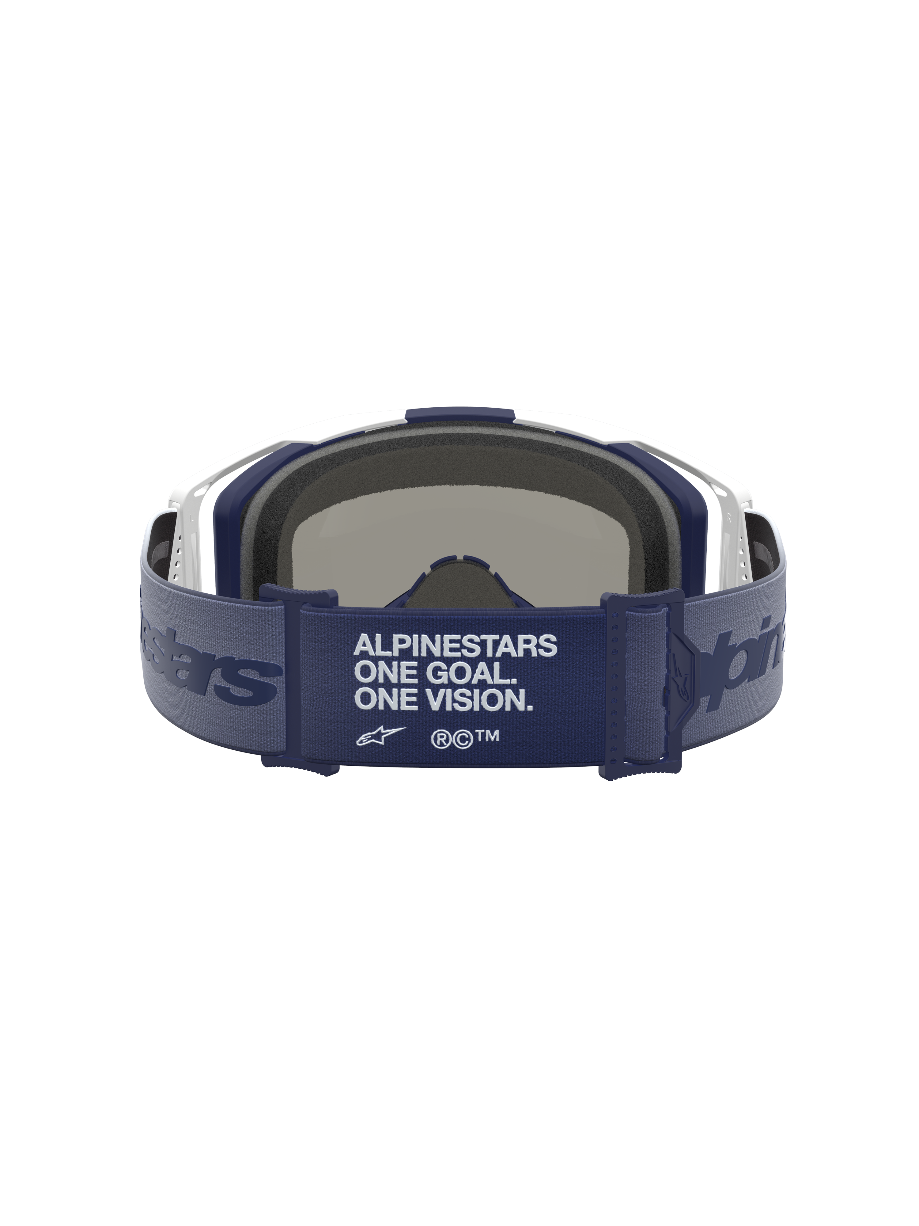 Alpinestars Vision 8 Amber Mirror Goggles til motocross, mørkeblå rem med hvid ramme og 3D-ansigtsskum set bagfra.