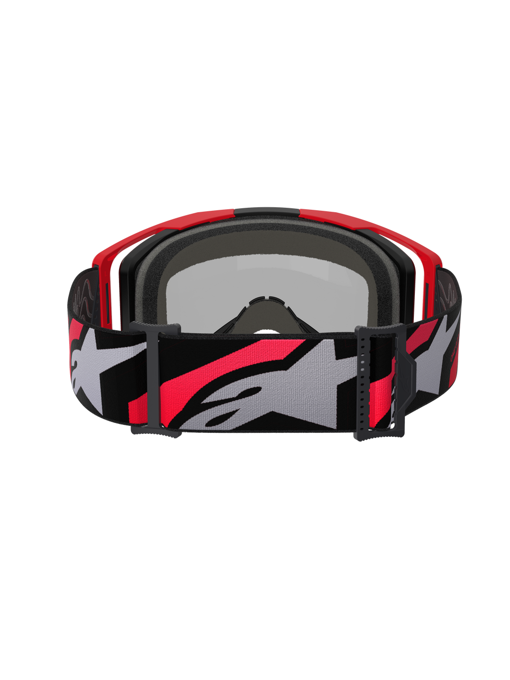 Alpinestars Vision 8 Luar Goggles, motocrossbriller, rød, sort og spejlsølv, bred vævet rem med markant gråt og rødt Alpinestars-logo, set bagfra med sort ansigtsskum og rød ramme, højtydende beskyttelsesbriller