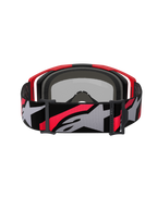 Alpinestars Vision 8 Luar Goggles, motocrossbriller, rød, sort og spejlsølv, bred vævet rem med markant gråt og rødt Alpinestars-logo, set bagfra med sort ansigtsskum og rød ramme, højtydende beskyttelsesbriller