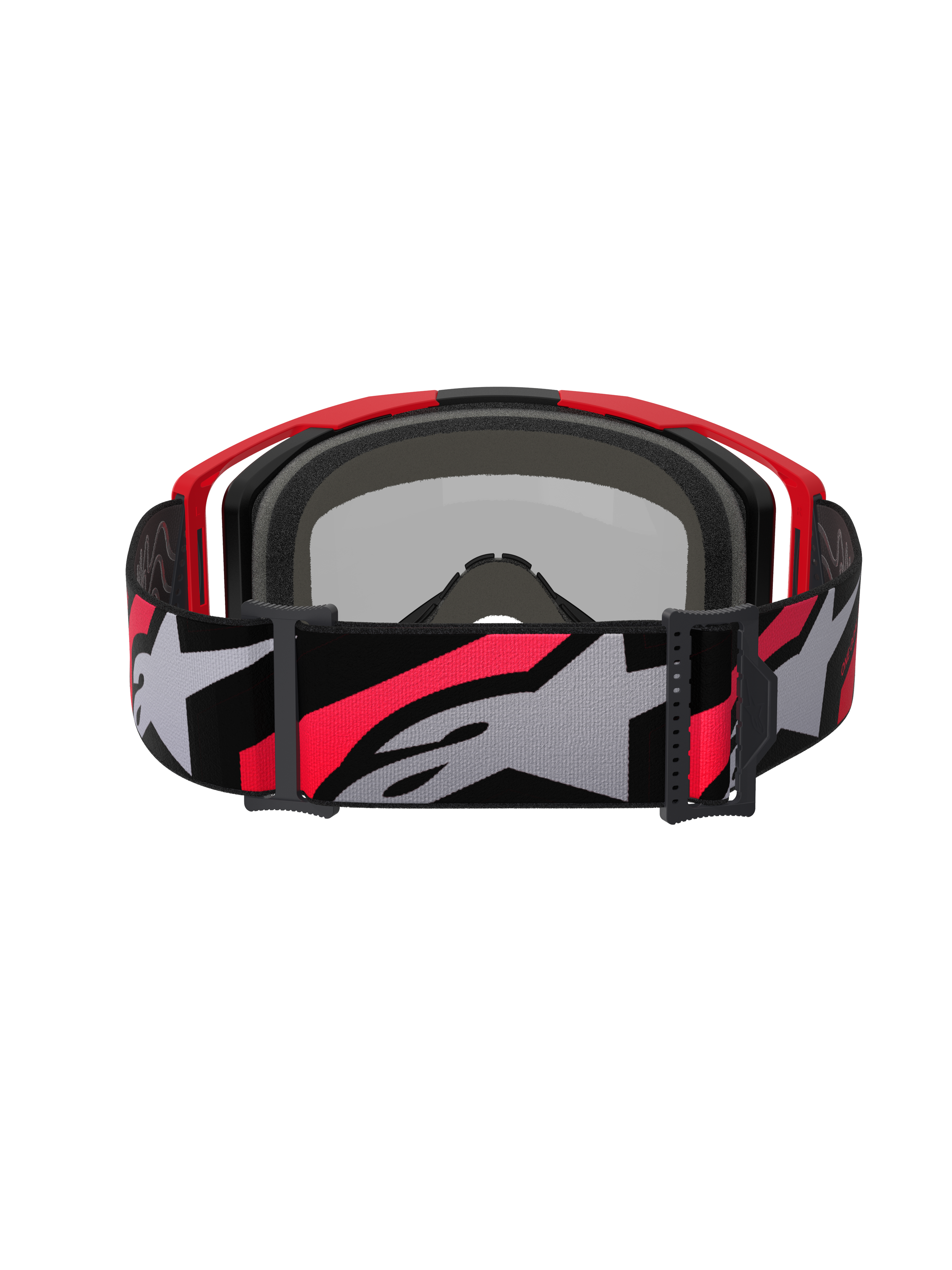 Alpinestars Vision 8 Luar Goggles, motocrossbriller, rød, sort og spejlsølv, bred vævet rem med markant gråt og rødt Alpinestars-logo, set bagfra med sort ansigtsskum og rød ramme, højtydende beskyttelsesbriller