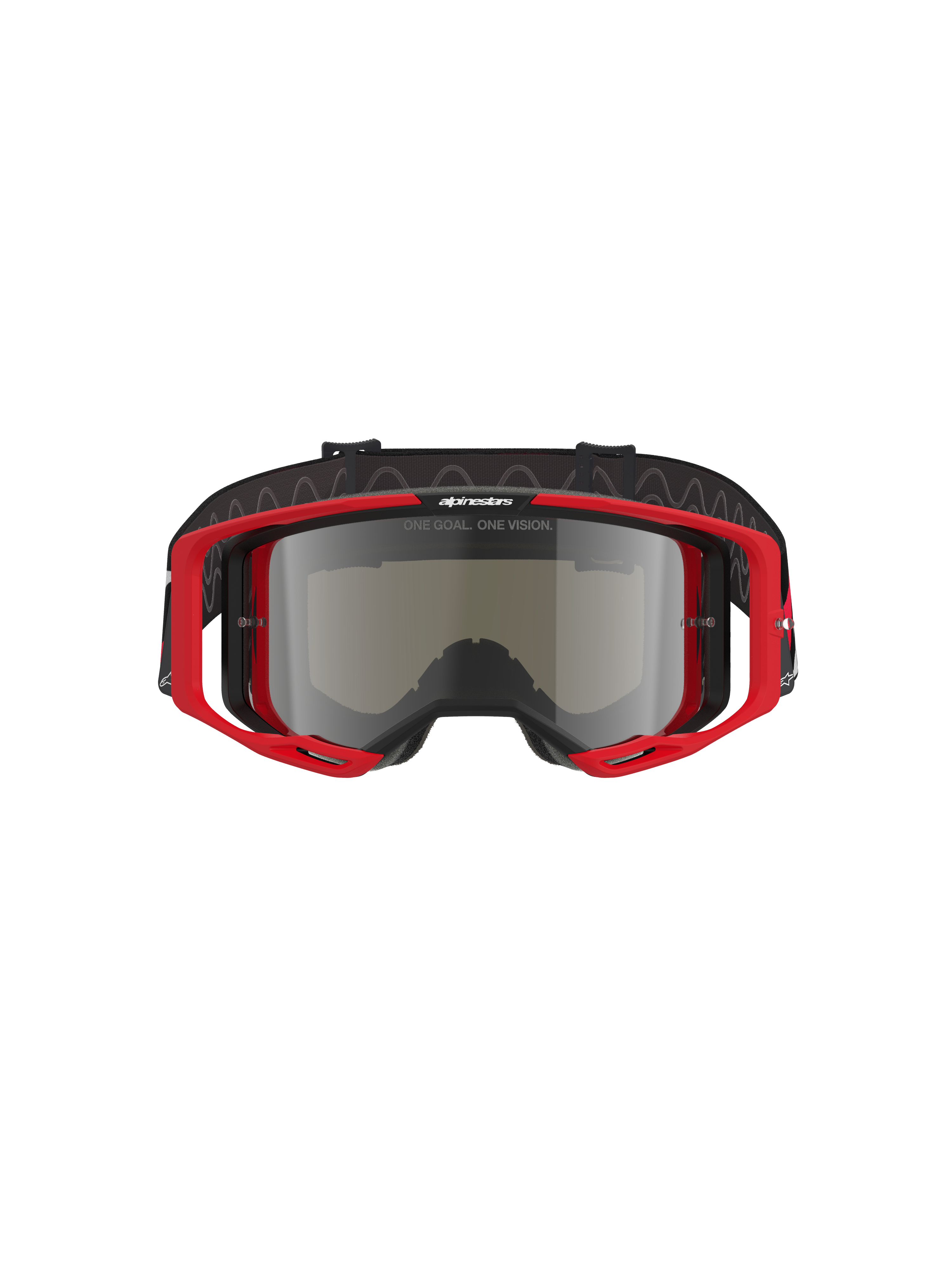 Alpinestars Vision 8 Luar goggles, motocross-briller, rød og sort ramme med sølvspejllinse, højtydende design med bredt synsfelt, tydelig branding på stroppen og rammen, velegnet til off-road og motocross-løb