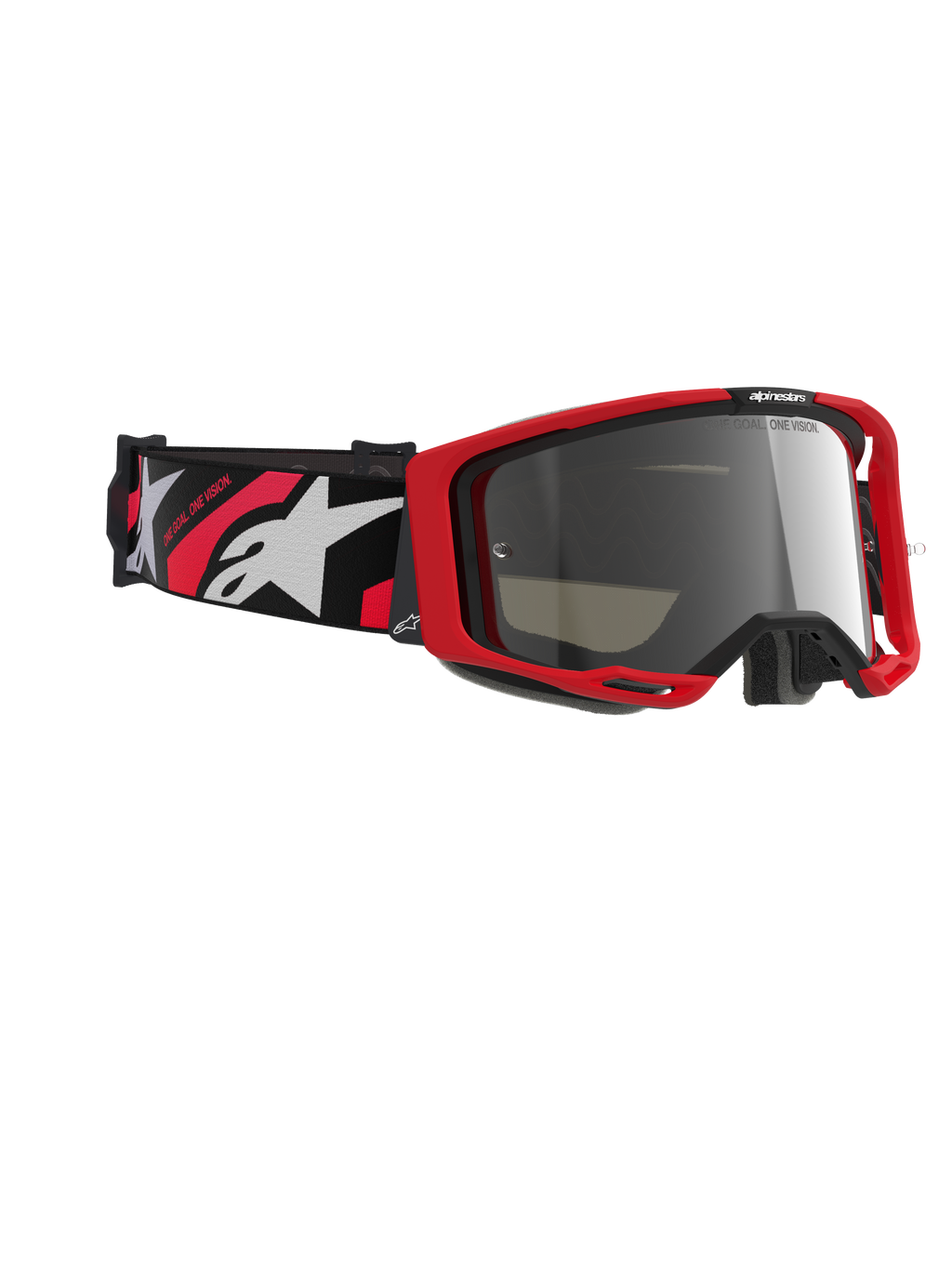 Alpinestars Vision 8 Luar goggles, motocross-briller, rød og sort ramme med Silver Mirror-linse, bred vævet rem med rød og hvid Alpinestars-branding og 'ONE GOAL. ONE VISION.'-tekst, højtydende beskyttelsesbriller til terrænkørsel
