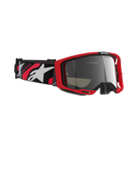 Alpinestars Vision 8 Luar goggles, motocross-briller, rød og sort ramme med Silver Mirror-linse, bred vævet rem med rød og hvid Alpinestars-branding og 'ONE GOAL. ONE VISION.'-tekst, højtydende beskyttelsesbriller til terrænkørsel