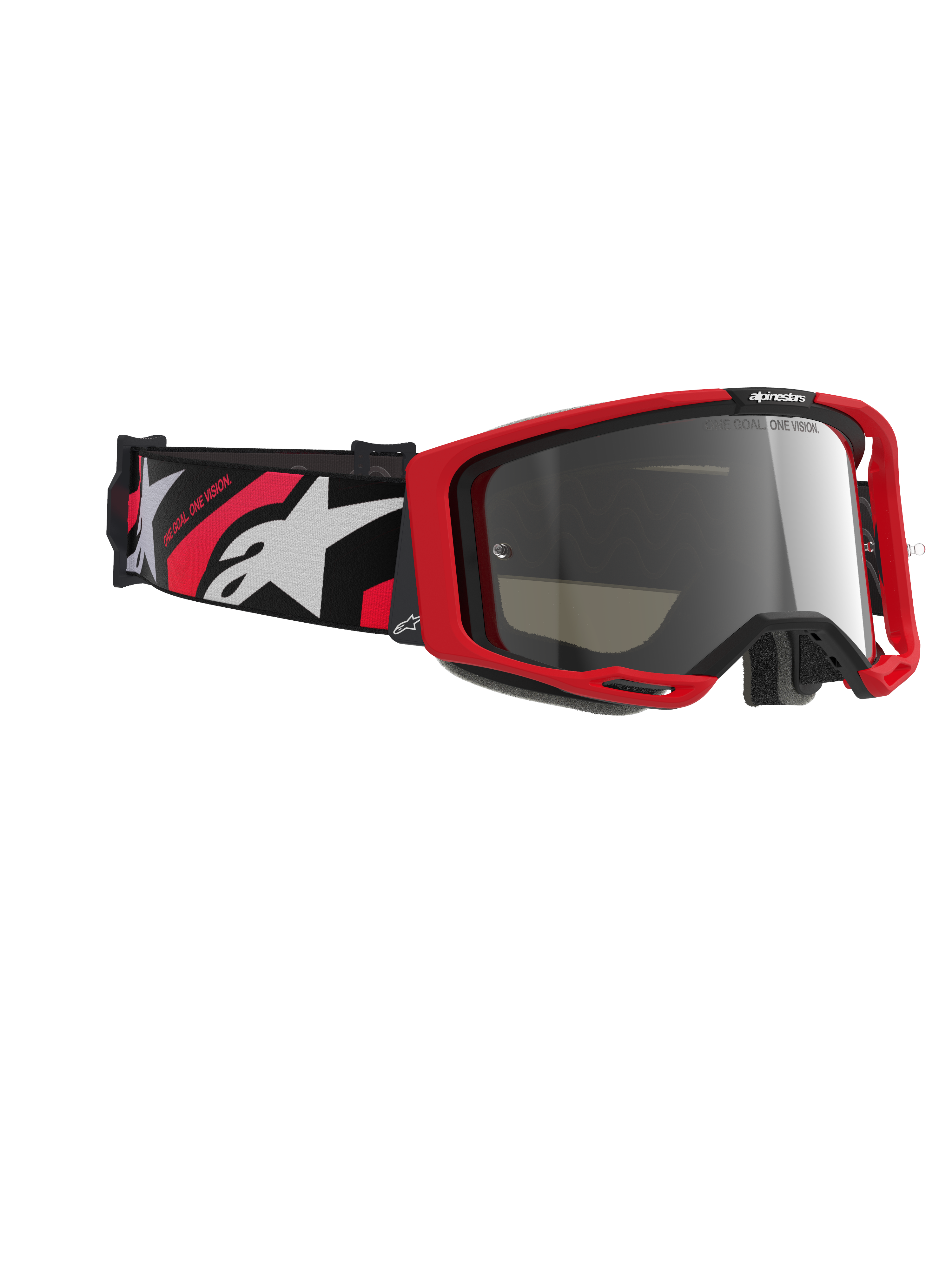 Alpinestars Vision 8 Luar goggles, motocross-briller, rød og sort ramme med Silver Mirror-linse, bred vævet rem med rød og hvid Alpinestars-branding og 'ONE GOAL. ONE VISION.'-tekst, højtydende beskyttelsesbriller til terrænkørsel
