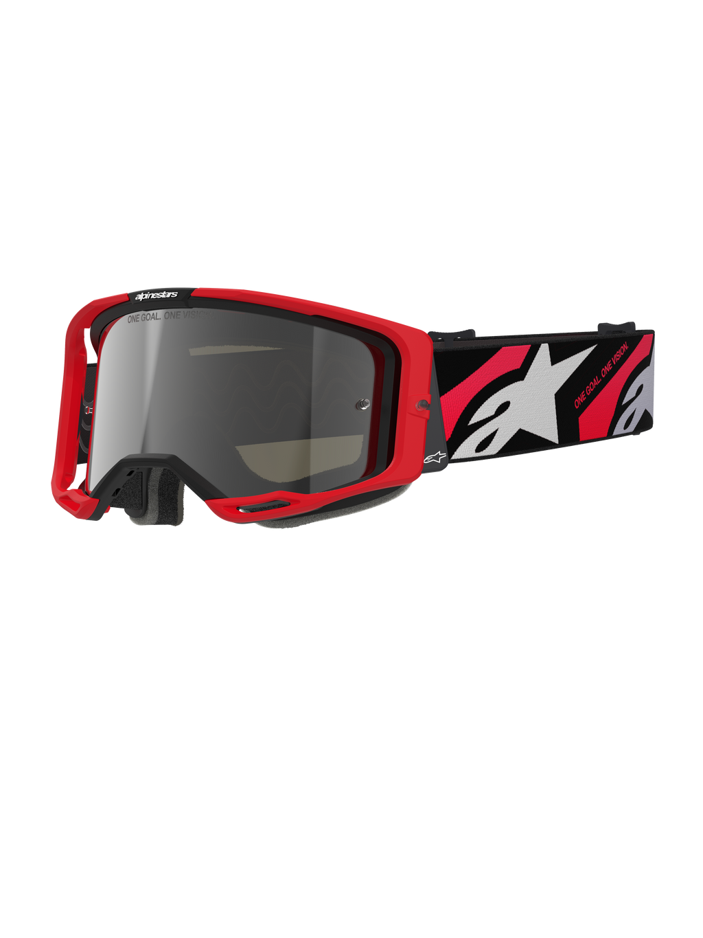 Alpinestars Vision 8 Luar Goggles, motocross off-road briller, rød og sort ramme, sølvfarvet spejlglas, bred justerbar rem med hvidt stjernelogo og 'One Goal. One Vision.' tekst, performance-design til motocross