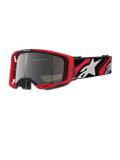Alpinestars Vision 8 Luar Goggles, motocross off-road briller, rød og sort ramme, sølvfarvet spejlglas, bred justerbar rem med hvidt stjernelogo og 'One Goal. One Vision.' tekst, performance-design til motocross