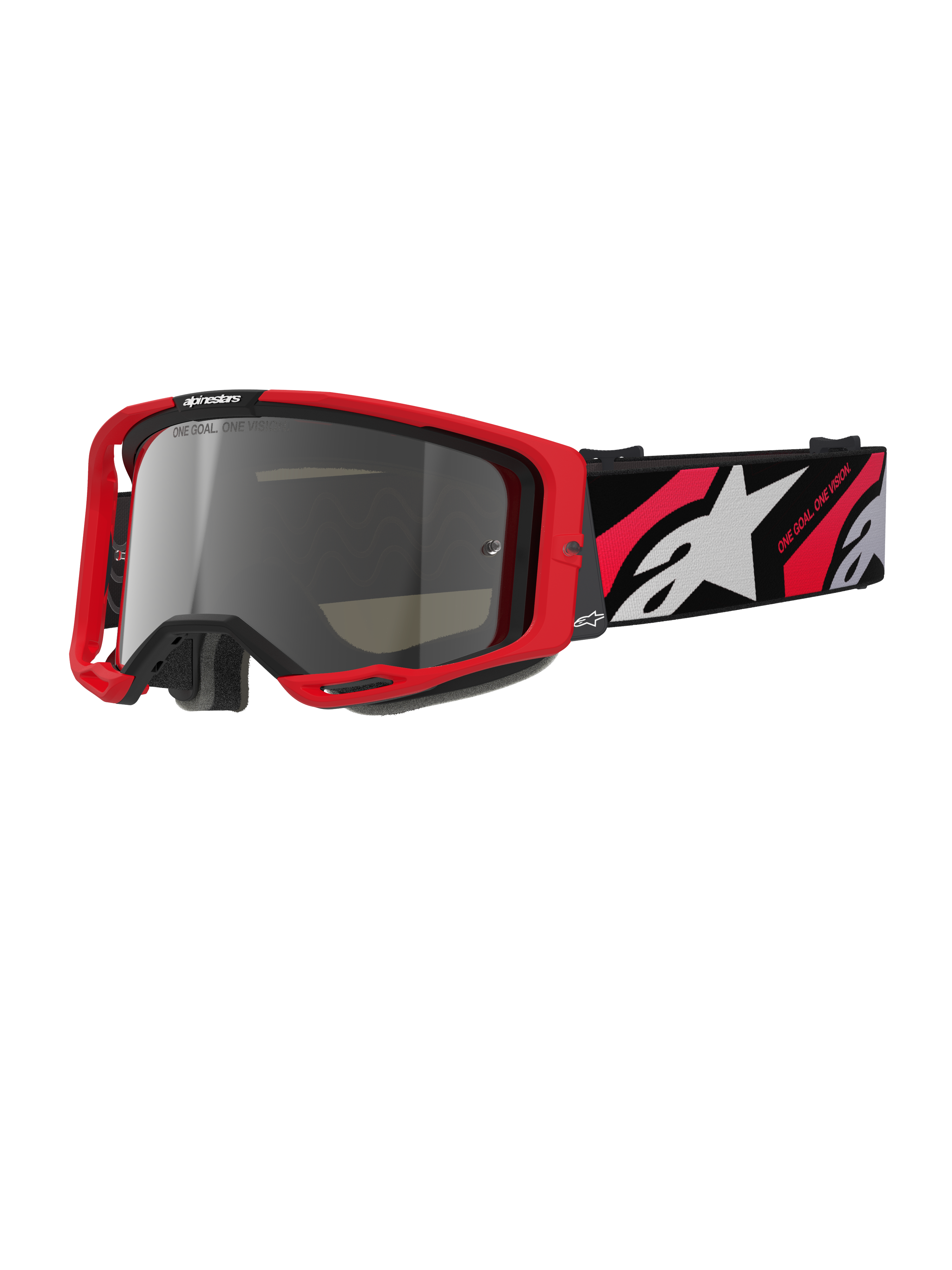 Alpinestars Vision 8 Luar Goggles, motocross off-road briller, rød og sort ramme, sølvfarvet spejlglas, bred justerbar rem med hvidt stjernelogo og 'One Goal. One Vision.' tekst, performance-design til motocross