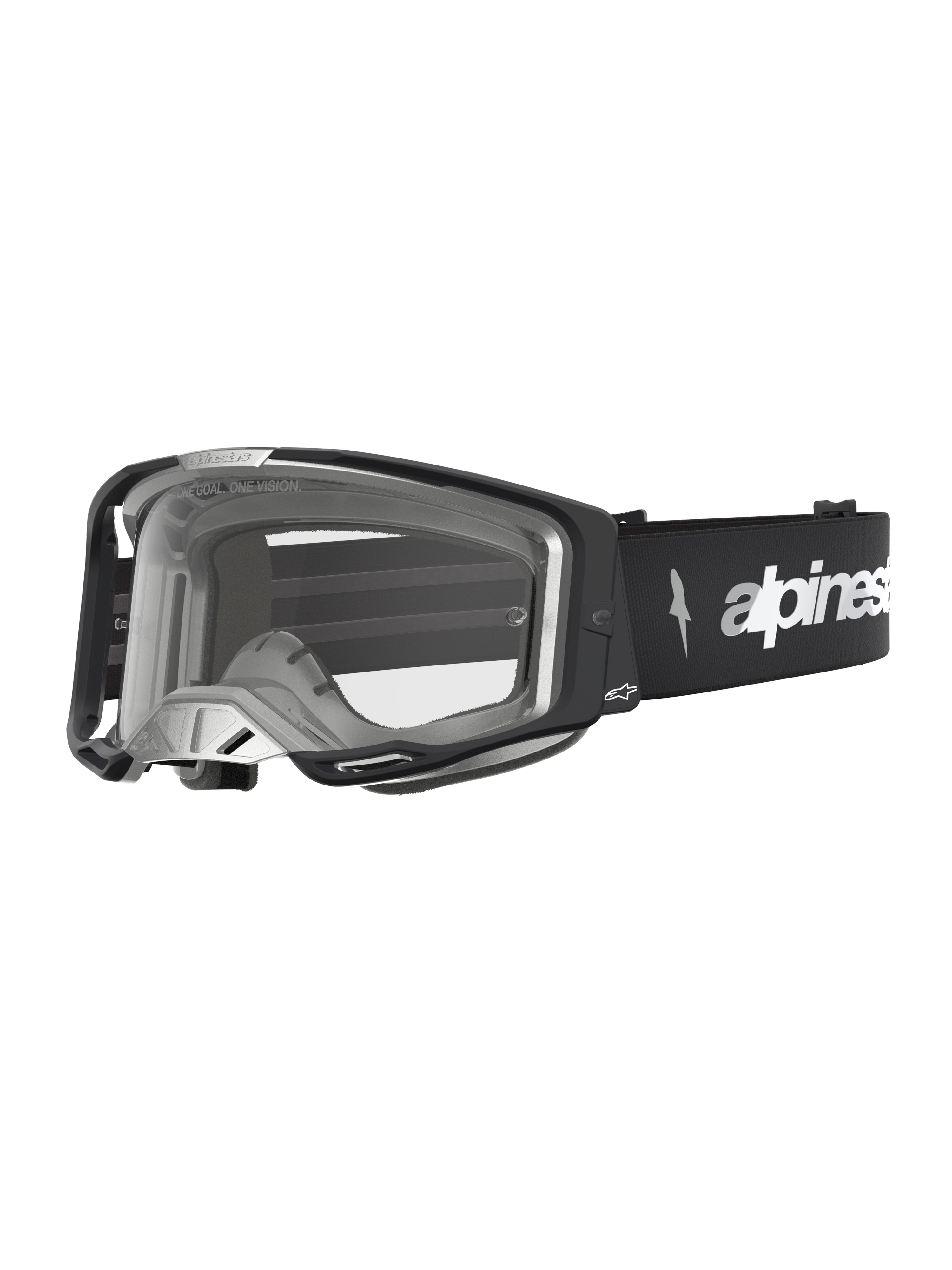 Alpinestars Vision 8 Amber goggles, motocrossbriller i sort og sølv med klar linse og RAM-AIR ventilation.