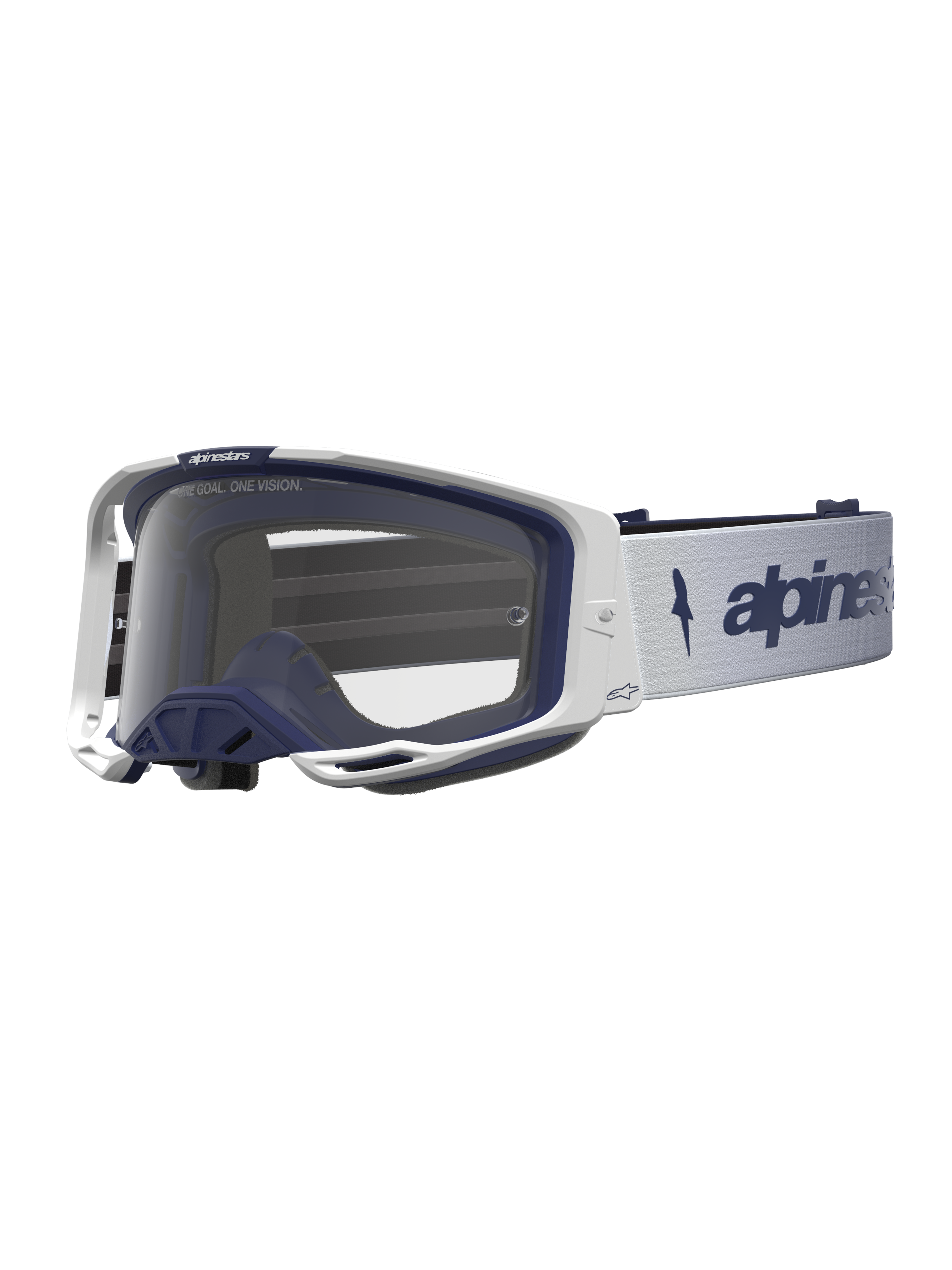 Alpinestars Vision 8 Amber Goggles, hvide og mørkeblå motocrossbriller med klar linse og RAM-AIR ventilation.