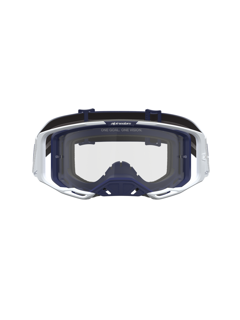 Alpinestars Vision 8 Amber Goggles, Unisex Motocross eyewear in white and navy blue with clear lens and A-FLEX frame.