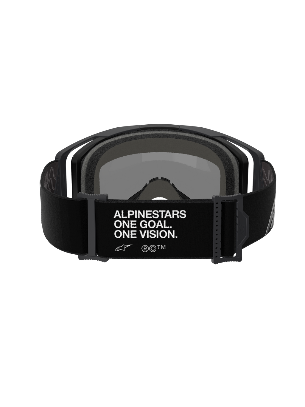 Alpinestars Vision 8 Corp Goggles, motocross-briller, set bagfra af sort justerbar rem med hvidt 'ALPINESTARS ONE GOAL. ONE VISION.' branding, sort ramme og skumpolstring