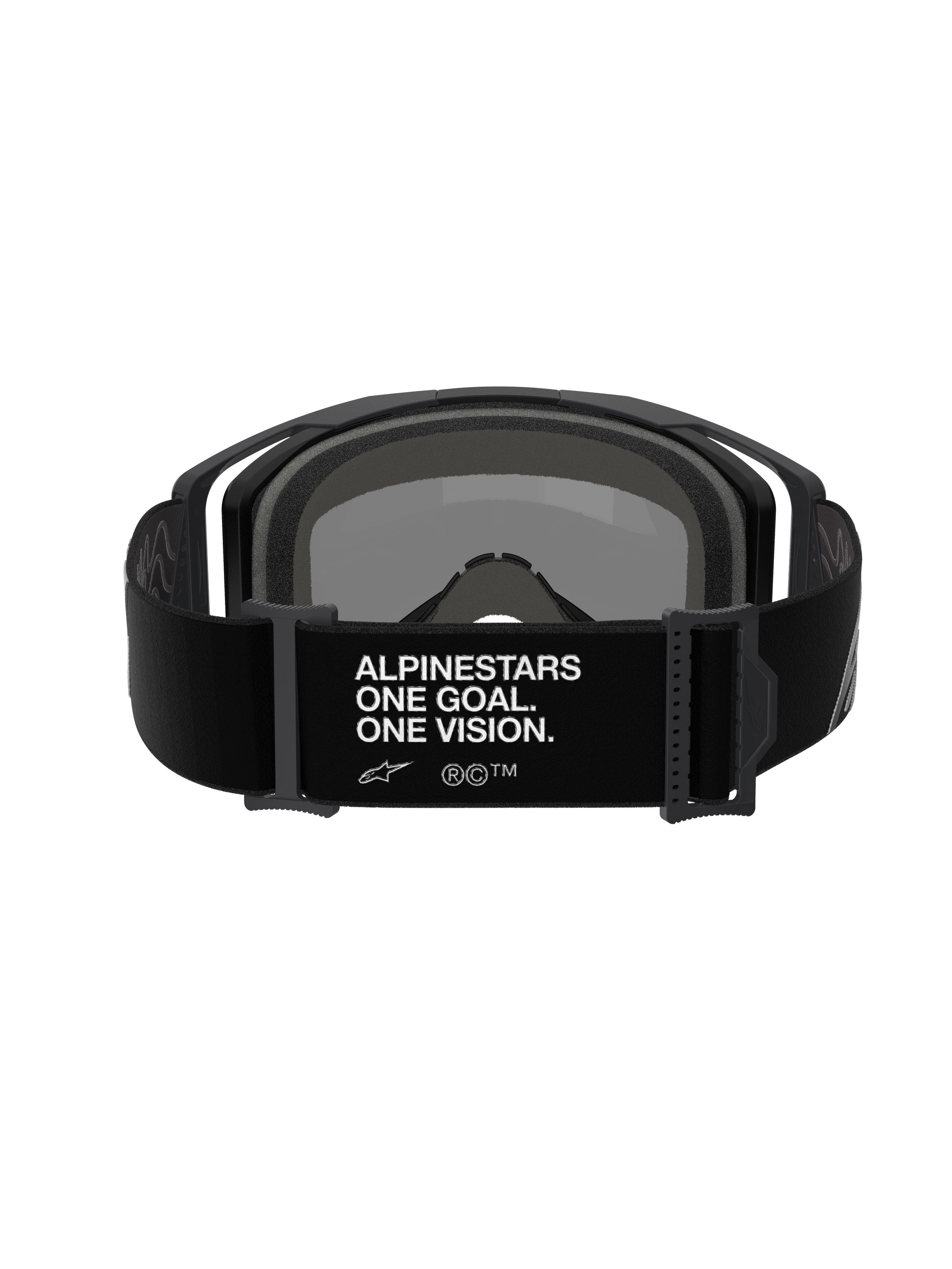 Alpinestars Vision 8 Corp Goggles, motocross-briller, set bagfra af sort justerbar rem med hvidt 'ALPINESTARS ONE GOAL. ONE VISION.' branding, sort ramme og skumpolstring