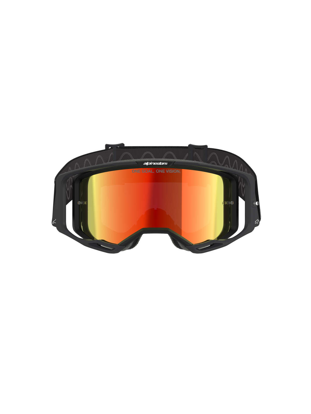 Alpinestars Vision 8 Corp goggles, motocross-briller, sort og Mirror Red, set forfra med en rød reflekterende linse med 'ONE GOAL. ONE VISION.' tekst, sort ramme med RAM-AIR ventilation, justerbar sort rem, professionel øjenbeskyttelse til terrænkørsel