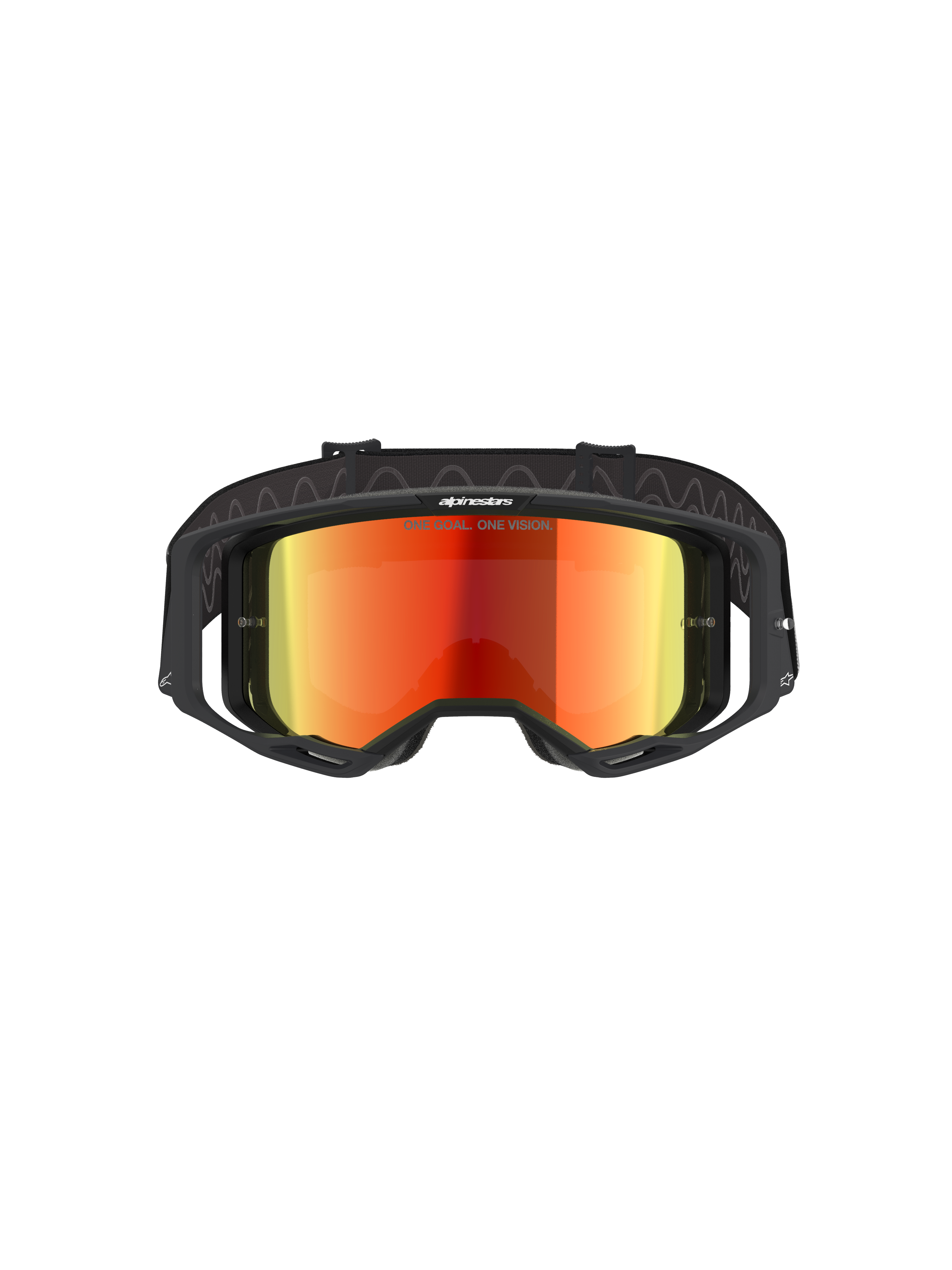 Alpinestars Vision 8 Corp goggles, motocross-briller, sort og Mirror Red, set forfra med en rød reflekterende linse med 'ONE GOAL. ONE VISION.' tekst, sort ramme med RAM-AIR ventilation, justerbar sort rem, professionel øjenbeskyttelse til terrænkørsel