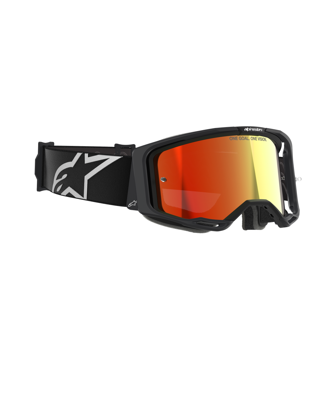 Alpinestars Vision 8 Corp Goggles, motocross-briller, sorte med Mirror Red-linse, med sort rem med hvidt Alpinestars-logo og "ONE GOAL. ONE VISION."-tekst på linsen, højtydende øjenbeskyttelse til off-road racing